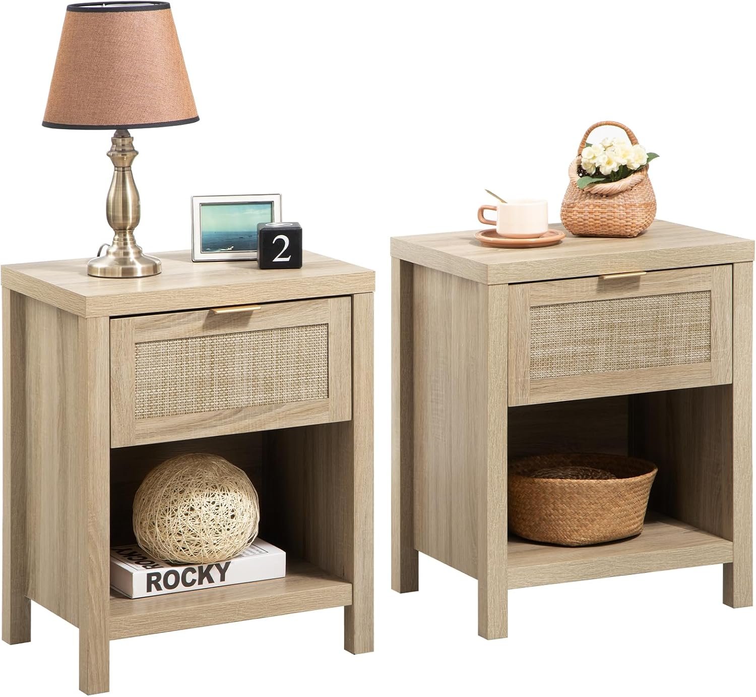 SICOTAS Rattan Nightstands Set of 2, Farmhouse Night Stand Bedside Table with Drawer and Storage Shelf – Boho End Side Table for Bedroom, Light Oak