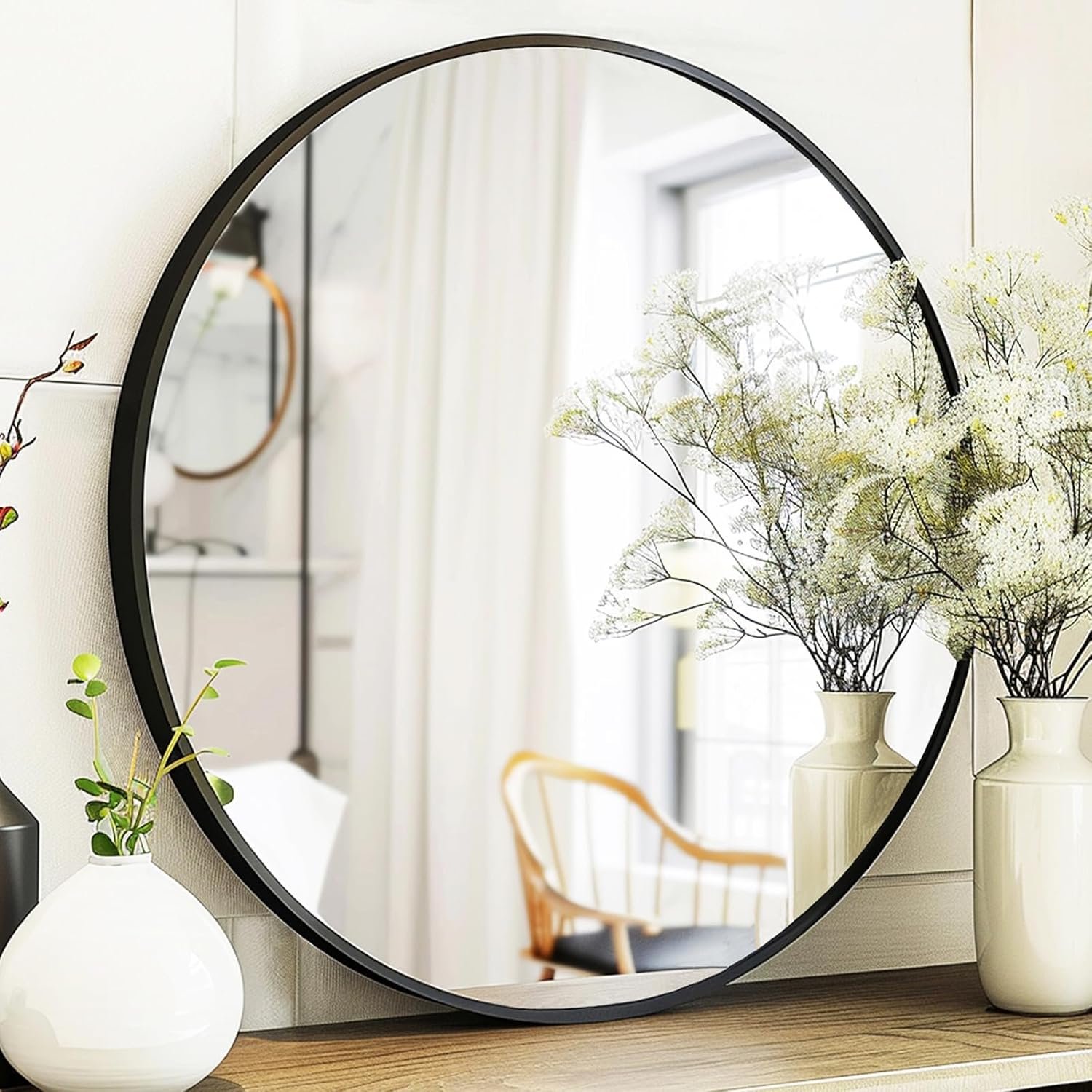 Black Round Mirror, Round Mirror 24 inch, Black Circle Mirrors Matte Metal Frame, Wall Mounted Mirrors for Living Room, Bathroom, Wall, Entryway.
