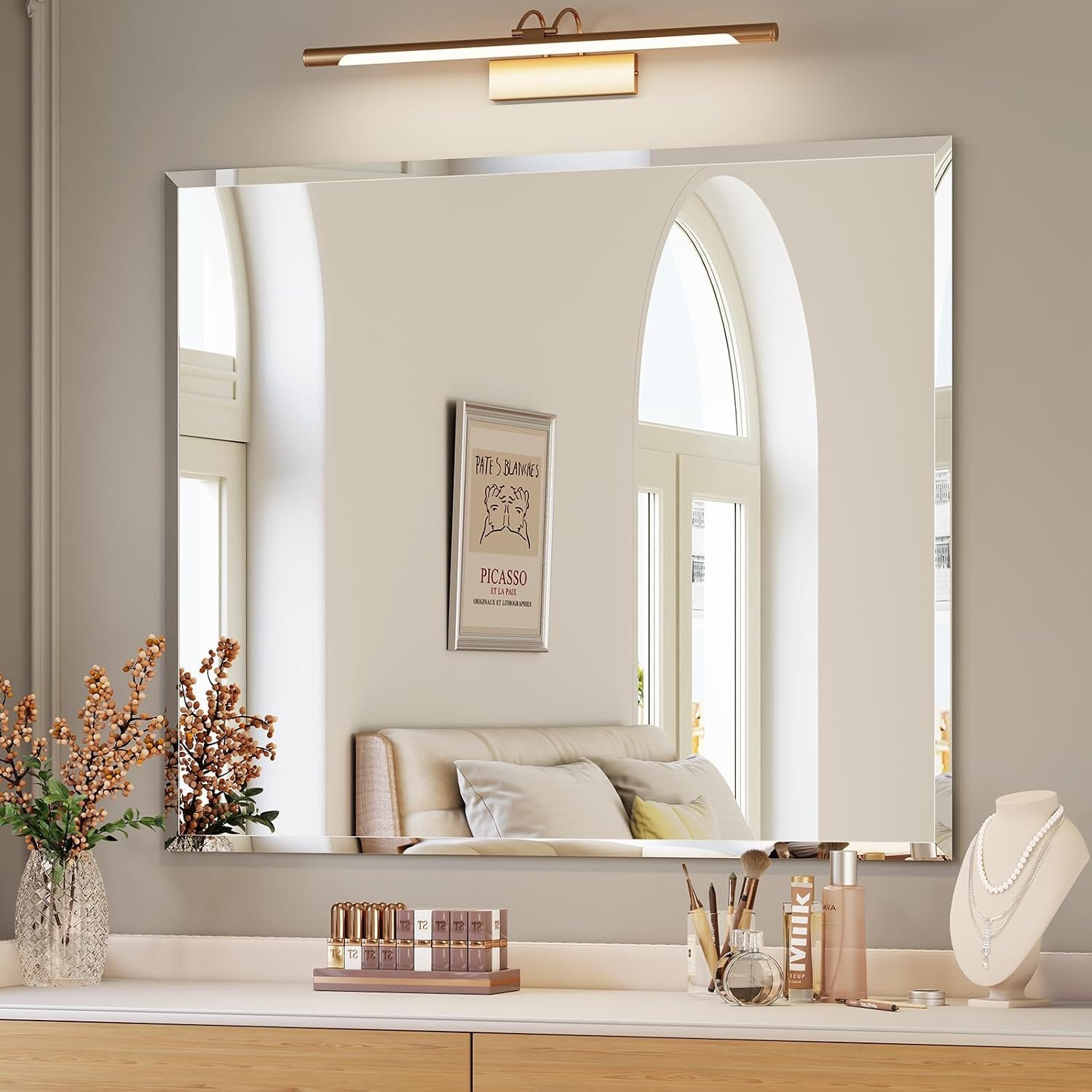 Frameless Bathroom Mirror, 30″x36″ Beveled Bathroom Mirror for Vanity, Wall Mount Mirrors with 4mm Tempered Glass for Bedroom Entryway Living Room Hangs Horizontally or Vertically