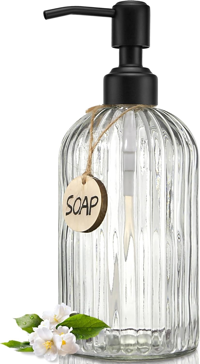 JASAI 18Oz Simple Glass Soap Dispenser with Black Rust Proof Pump. | Refillable Kitchen soap Dispenser with Vertical Stripe, Bathroom Soap Dispenser for Dispense Hand soap, Dish Soap, Lotion.