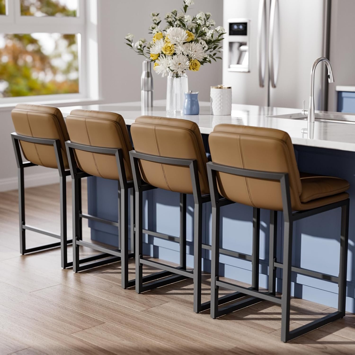 24″ Brown Counter Height Bar Stools Set of 4, Double-Layer Seat | Metal Frame with 330lb Weight Capacity, Easy-Clean Faux Leather, Comfy Backrest, Ideal for Kitchen Island, Family Meals