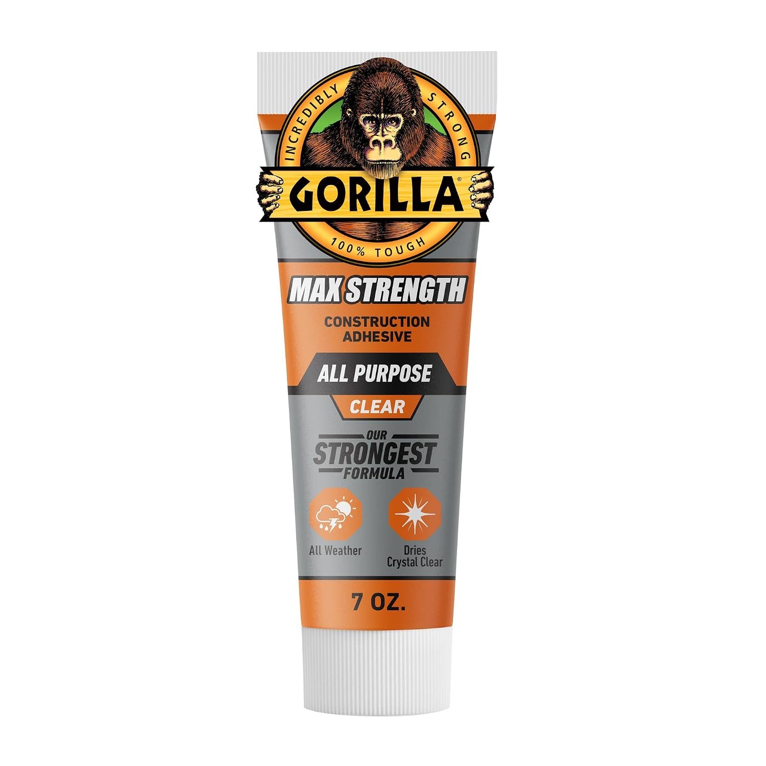 Gorilla Max Strength Construction Adhesive, 7 oz Squeeze Tube (Pack of 1), Clear, Waterproof Gap-Filling Formula for Wood Metal Tile Stone Glass Mirror Indoor Outdoor, Paintable Sandable