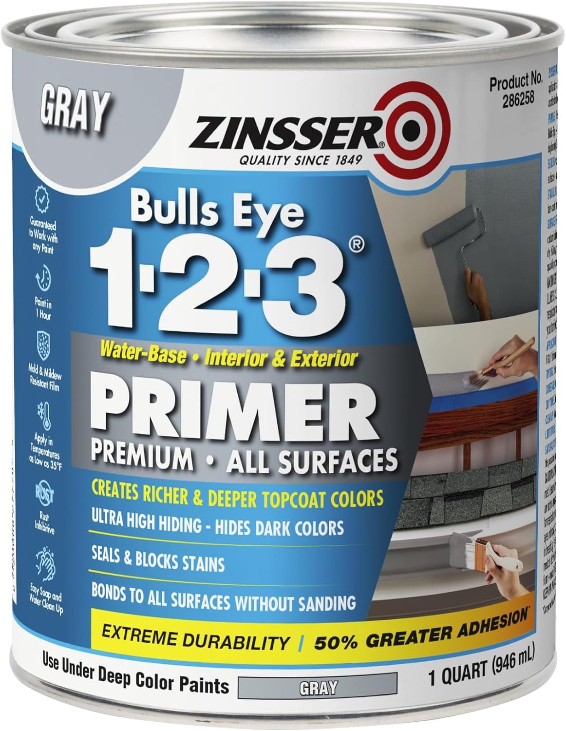 Zinsser 286258 Bulls Eye 1-2-3 All Surface Primer, Quart, Gray | Bulls Eye 1-2-3 water-base primer-sealer, 31.5oz, Gray. All-surface stain-blocking primer for interior & exterior; sticks.