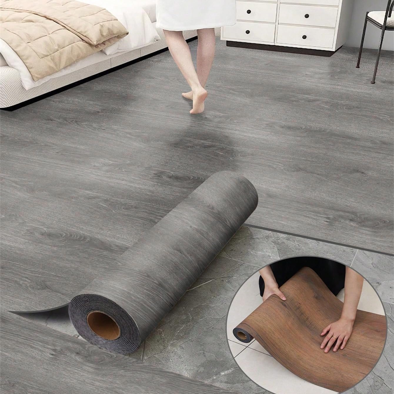 Luxury Thicken Wood Grain Peel and Stick Floor Tiles Self-Adhesive Vinyl Flooring Roll-DIY Easy for Wall and Floor,Hard Surface/Waterproof/Anti Slip (Gray Vinyl Flooring, 17.72 “W X 118” L)