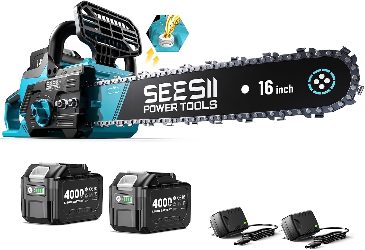 SEESII 40V 16-Inch Cordless Chainsaw: Brushless Electric Chain Saws with 2×4.0Ah Batteries & Charger, Tool-Free Chain Tension, Auto Oiling, for Tree Trimming, Wood Cutting, Yard Work