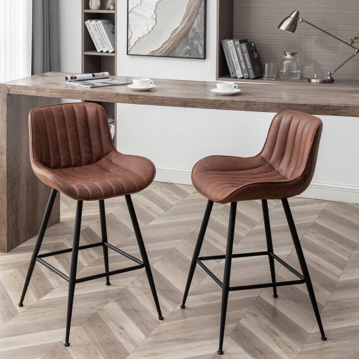 Brown Bar Stools Set of 2, 24 Inch Barstools Fabric Upholstery | Counter Height Bar Stool 24-Inch Seat Height, Thick Cushion, Black Metal Legs, Mid-Century Industrial Look for Kitchen Island