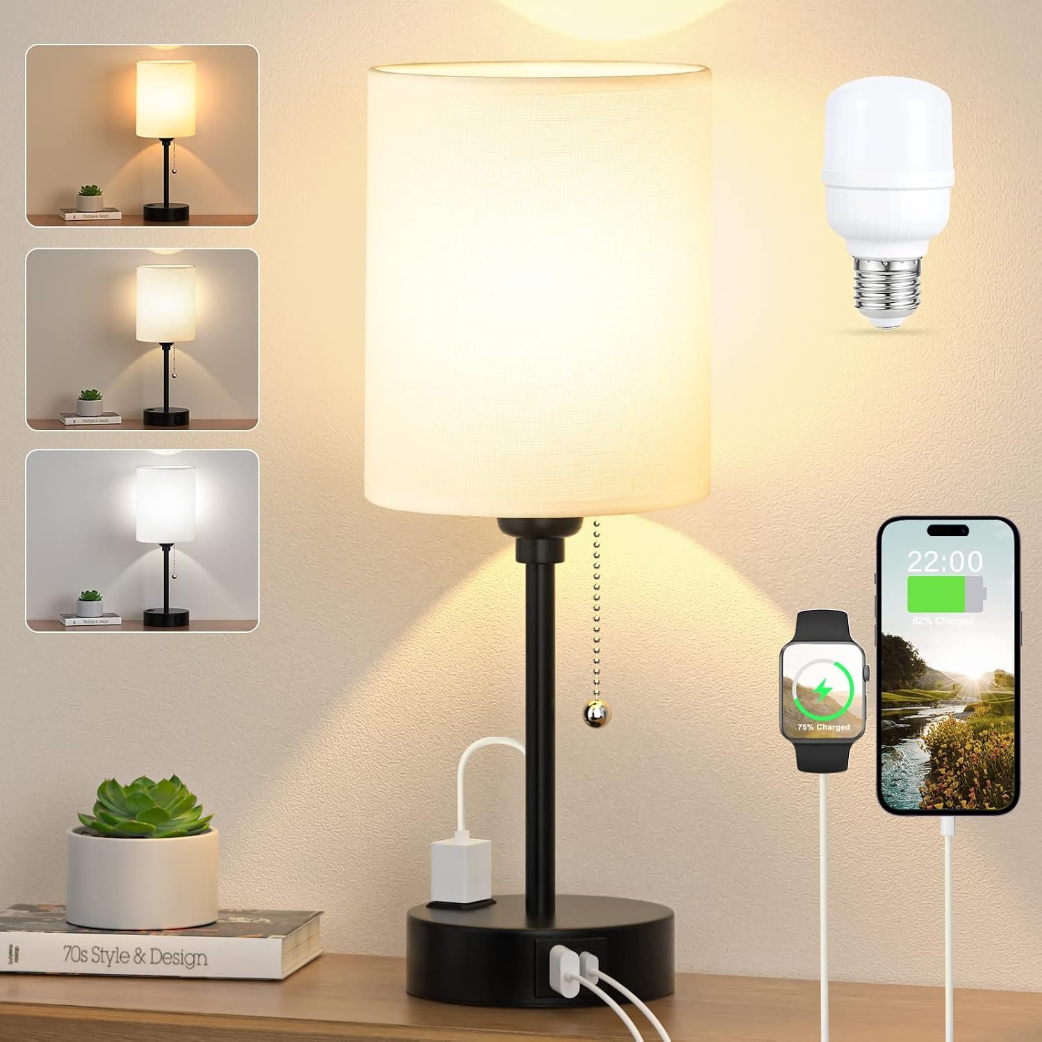 Dicoool Bedside Table Lamp for Bedroom – Small Desk Lamp with USB Ports | USB A+C Ports, AC Outlet, 3 Color Temperatures, LED Bulb Included, White Fabric Shade, Black Metal Base, 14″ Nightstand lamp