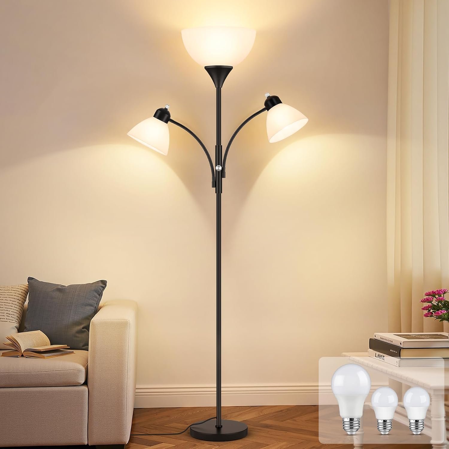Coucrek Torchiere Floor Lamps for Living Room,72″ Dimmable Lamp with 2 Adjustable Reading Lights for Bedroom, Black Tall Standing Room Lamp, 3 Bulbs Included
