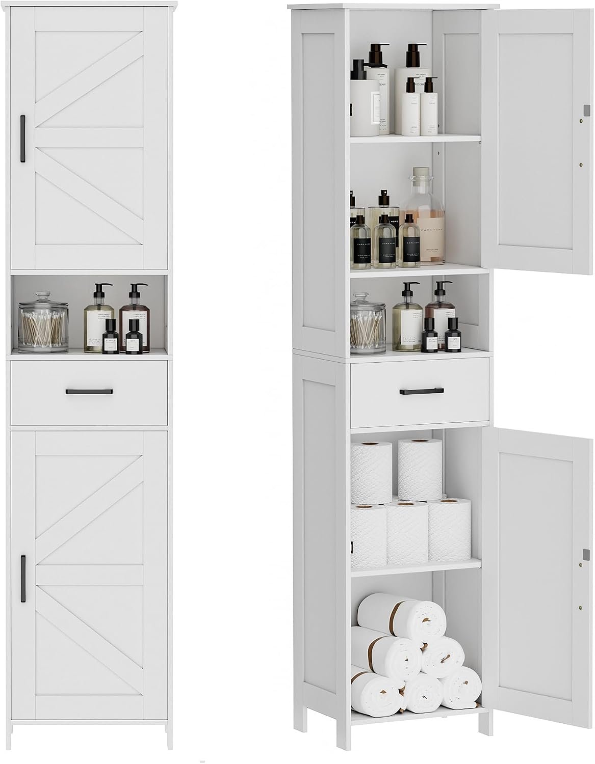 Homhedy 67″ H Tall Bathroom Storage Cabinet with Barn Doors and Drawer | Narrow Storage Unit with Adjustable Shelves, Floor Cabinet for Bathroom, Living Room, Entryway or Kitchen, White, 15.7″ W