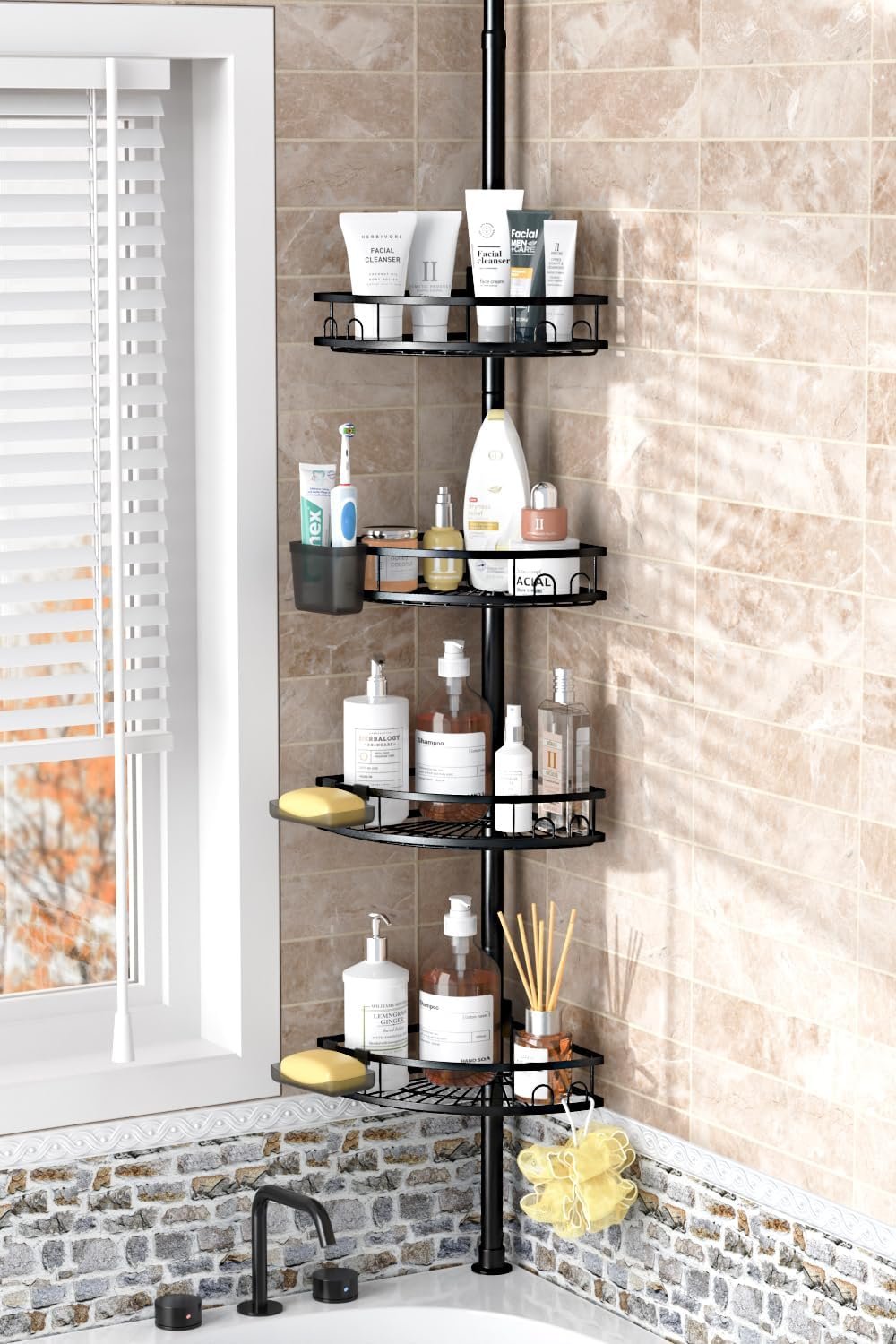 Adjustable Tension Pole Shower Caddy: Rustproof Corner Bathroom Organizer | 4-Tier 31-124″ No Drill Standing Shelves Fits Apartments Rentals Bathroom Bathtub, for Shampoo, Conditioner, Bath Essentials