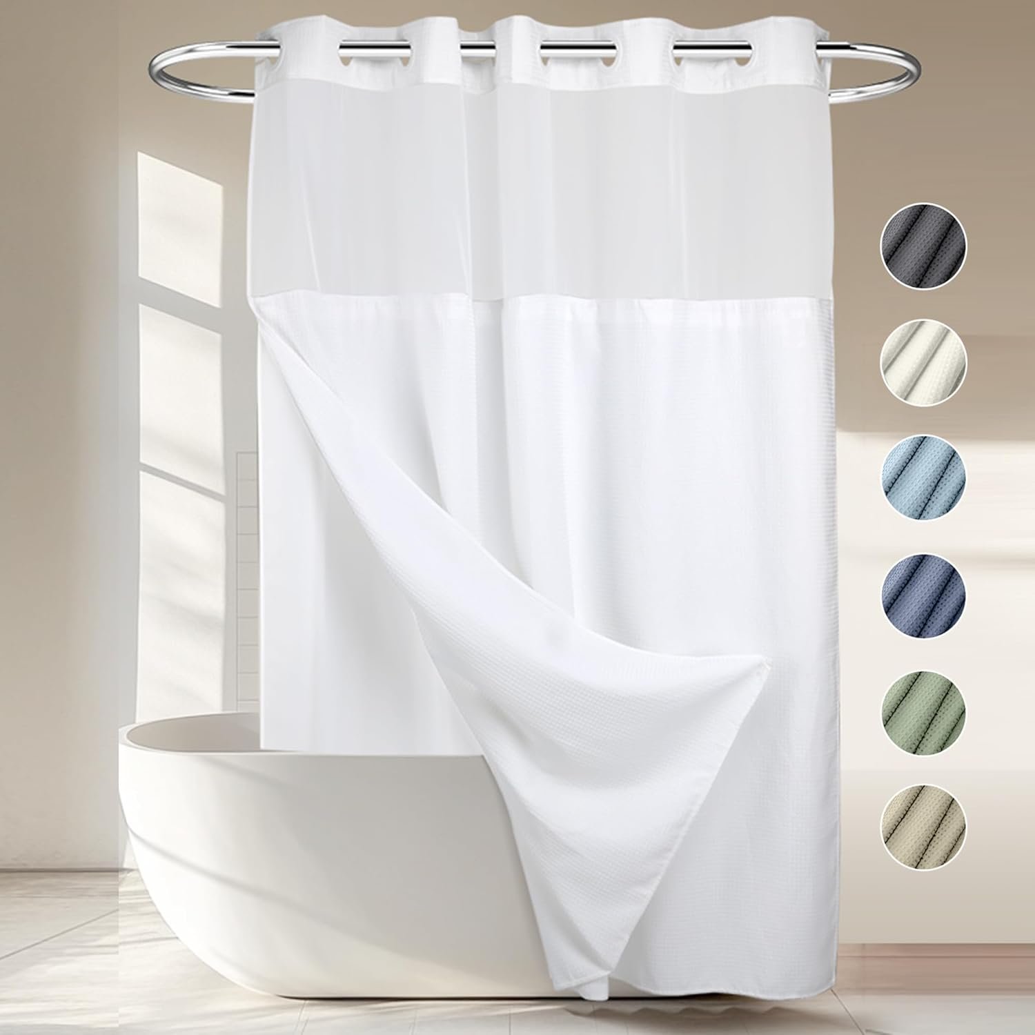 RiverDream Heavyweight Waffle No Hook Shower Curtain with Liner,White,71×74 | Dotted Waffle,Snap-in Liner,Heavy Duty,Quick Dry,Mesh Top Window,With Bottom Magnets,Hotel-Grade,Washable,Standard Size