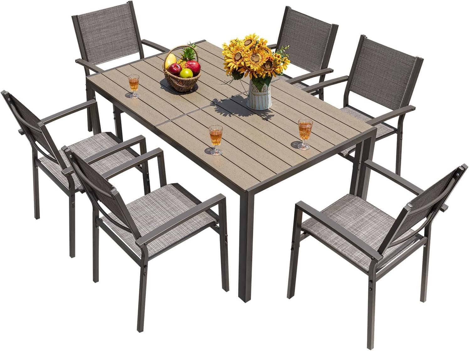 Homall 7-Piece Patio Dining Set, Metal Outdoor Dining Set for 6, Light Grey | Patio Furniture Set With Large Table & 6 Textilene Stackable Chairs, Patio Table And Chairs Set For Porch, Poolside, Yard