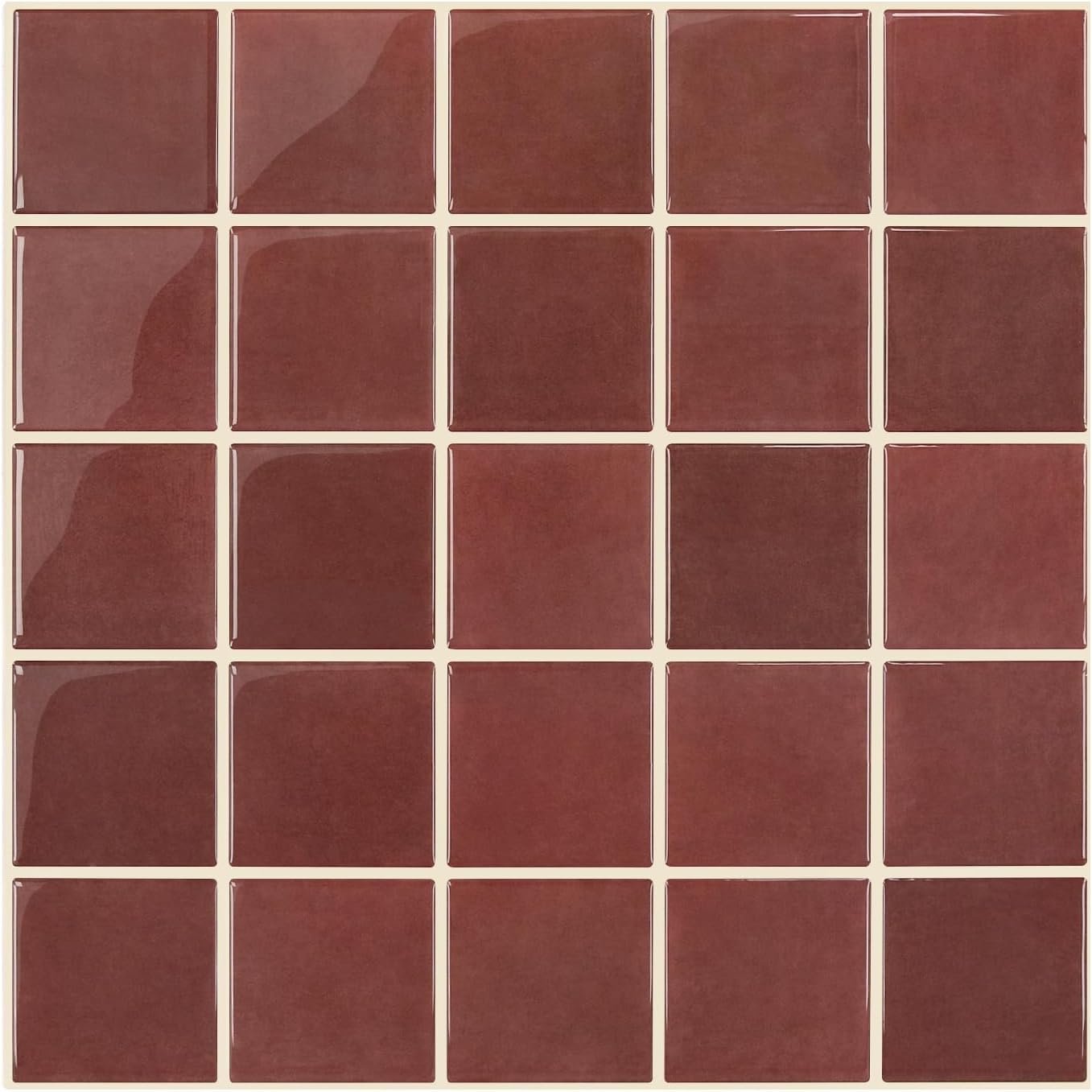 Thicker Dark Red Peel and Stick Backsplash Tiles-10 pcs of 12″ x 12″-3D Adhesive Glossy Square Panels Stick on Backsplash Tiles for Kitchen,Bathroom, Vinyl, Waterproof, Interior Wall Tiles