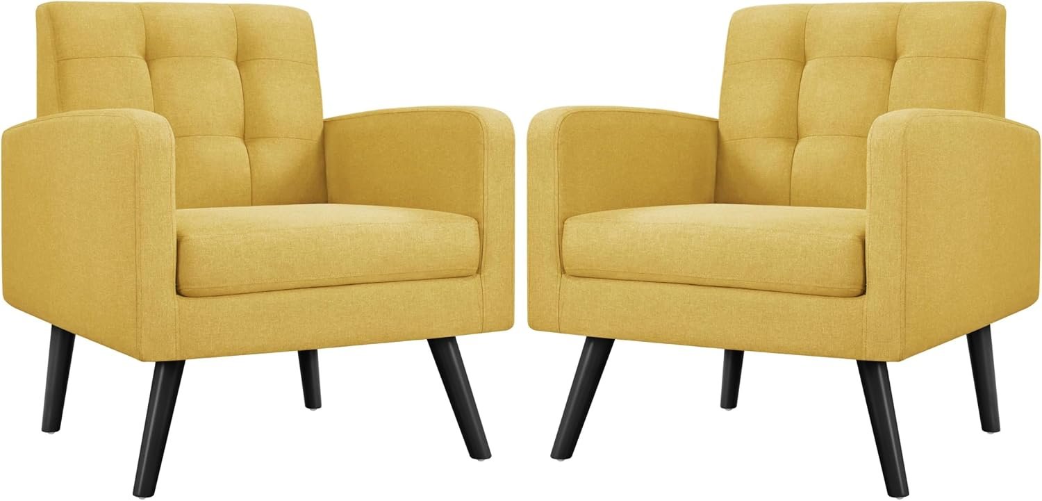 Yaheetech Mid Century Accent Chairs Set of 2 Living Room Chairs Yellow | Linen-Like Upholstered Sillones Para Sala, Modern Reading Nook Chairs, Button Tufted Back, Rubberwood Legs, Bedroom Office