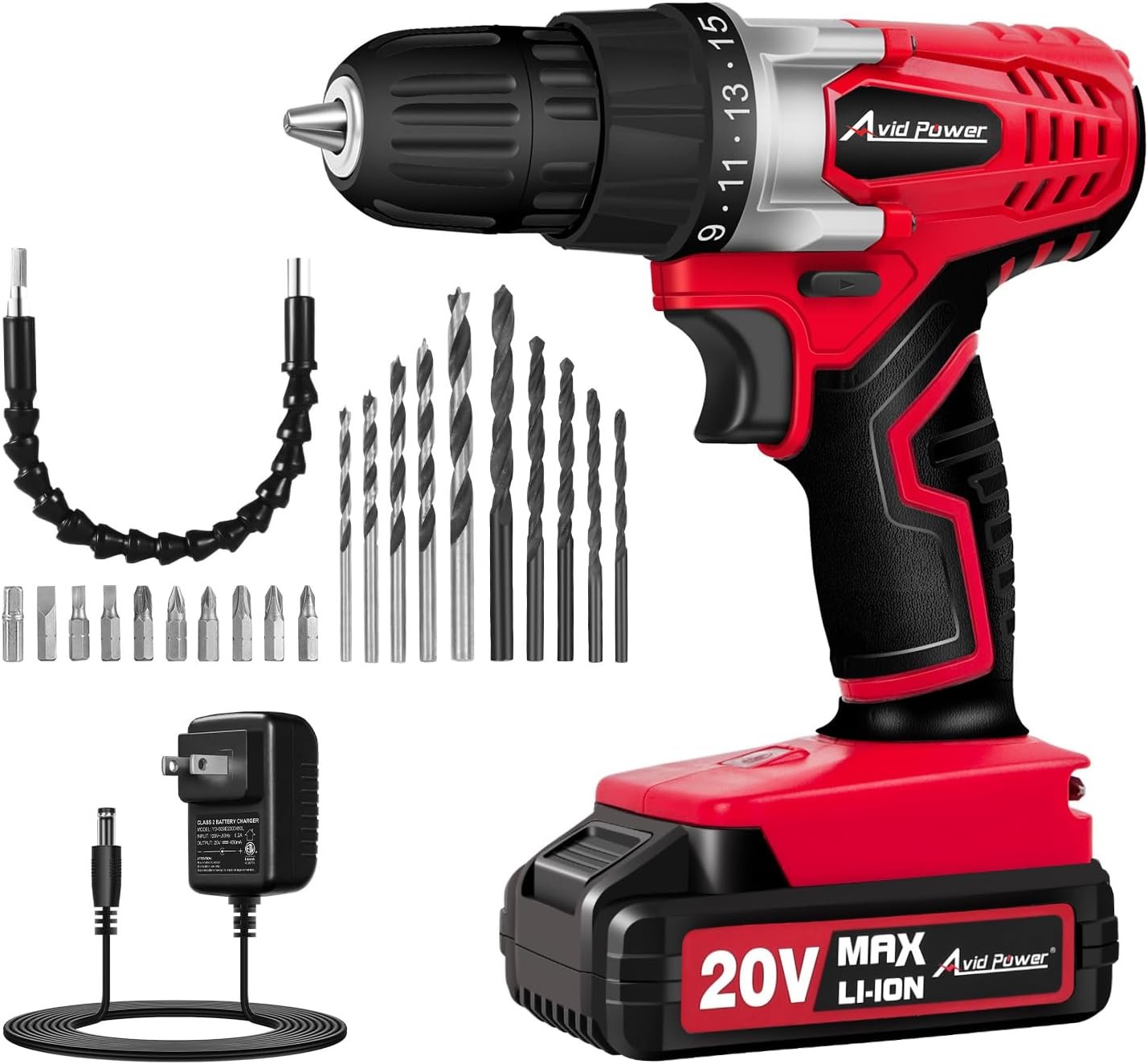 AVID POWER 20V Cordless Drill Set for Home DIY & Beginner Projects – Lightweight Power Drill with Battery Charger & 22 Bits, Variable Speed, 3/8″ Keyless Chuck, Ideal for Furniture Assembly (Red)