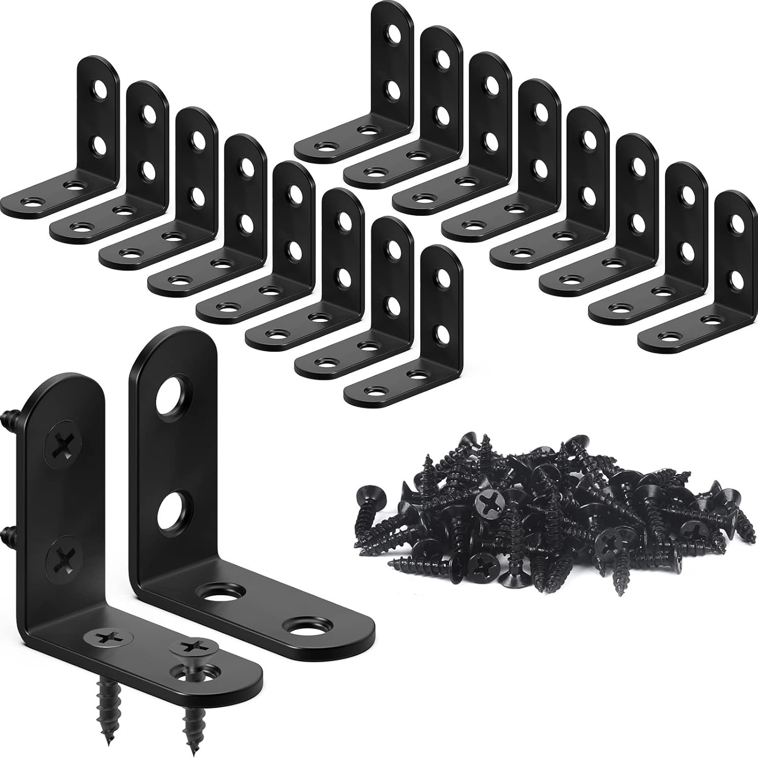 FATLODA 18PCS L Bracket Corner Brace, Stainless Steel Corner Bracket | Black Small Right Angle Bracket, Metal L Brackets for Shelves, Wood Furniture, Cabinets, Chairs, 72PCS Screws, 1.57×1.57 in