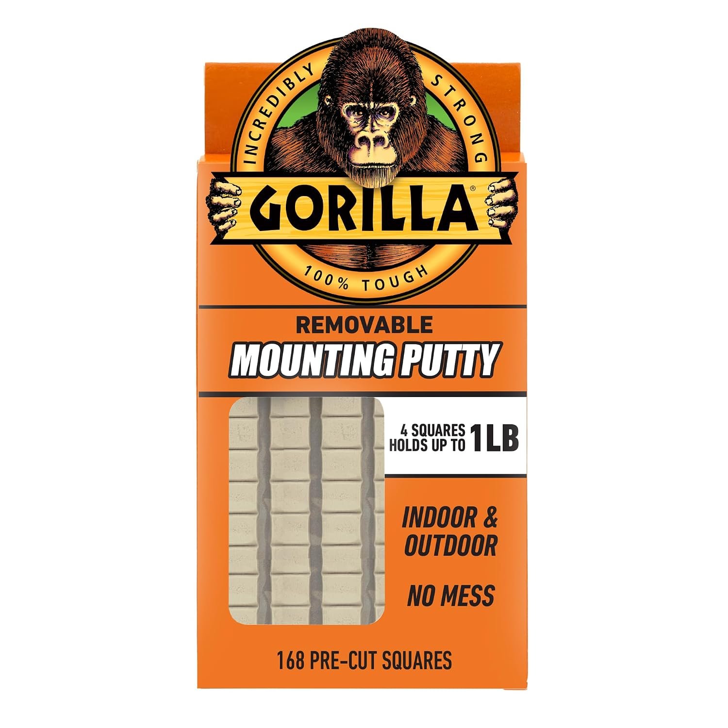 Gorilla Removable Mounting Putty Reusable & Repositionable Adhesive 168 Count Pre-Cut Squares (Pack of 1) Holds 2 lbs. Back to School Supplies for Teachers Students Parents, Indoor Outdoor