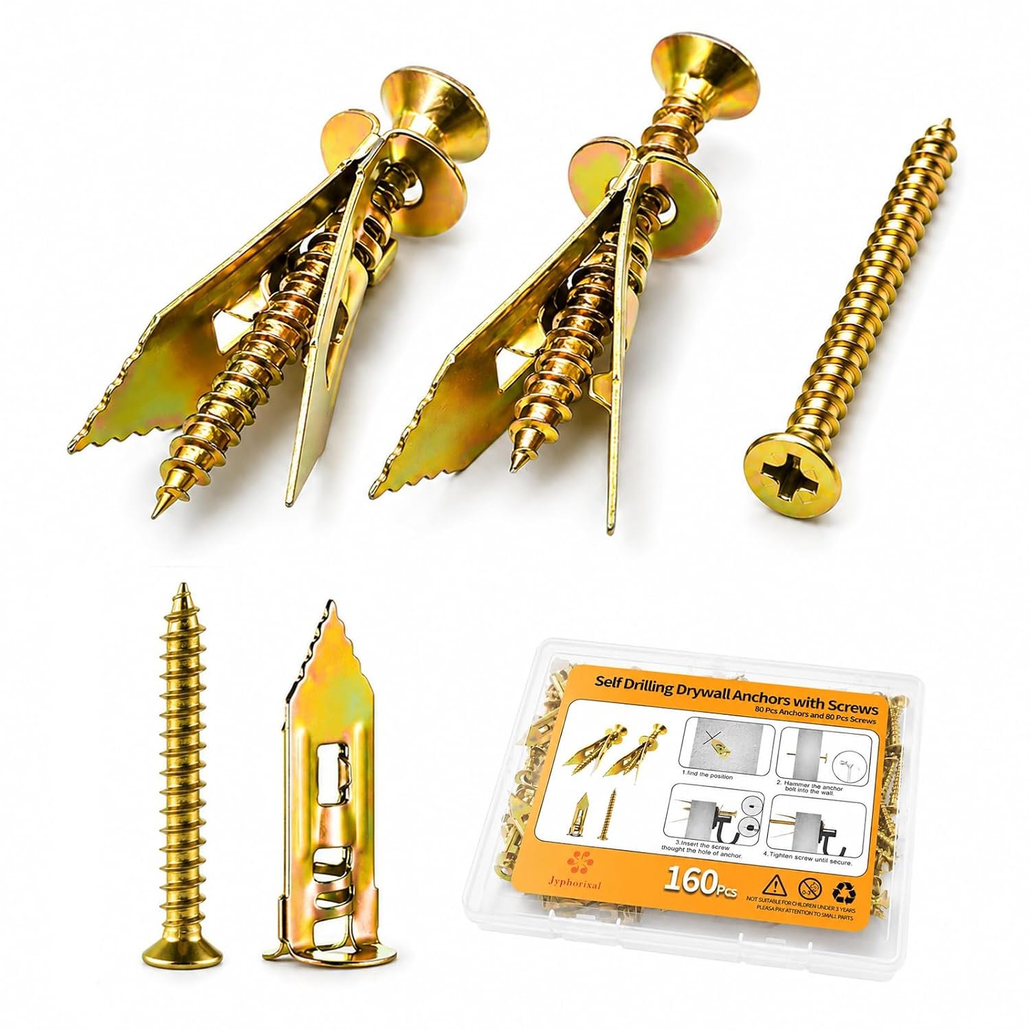 Jyphorixal 160 PCS Self Drilling Drywall Anchors with Screws Kit, Heavy Duty Metal Wall Anchors for Drywall, Sheetrock Anchors 0.47×1.18inch with Screws, No Drill Dry Wall Anchors and Screws Kit