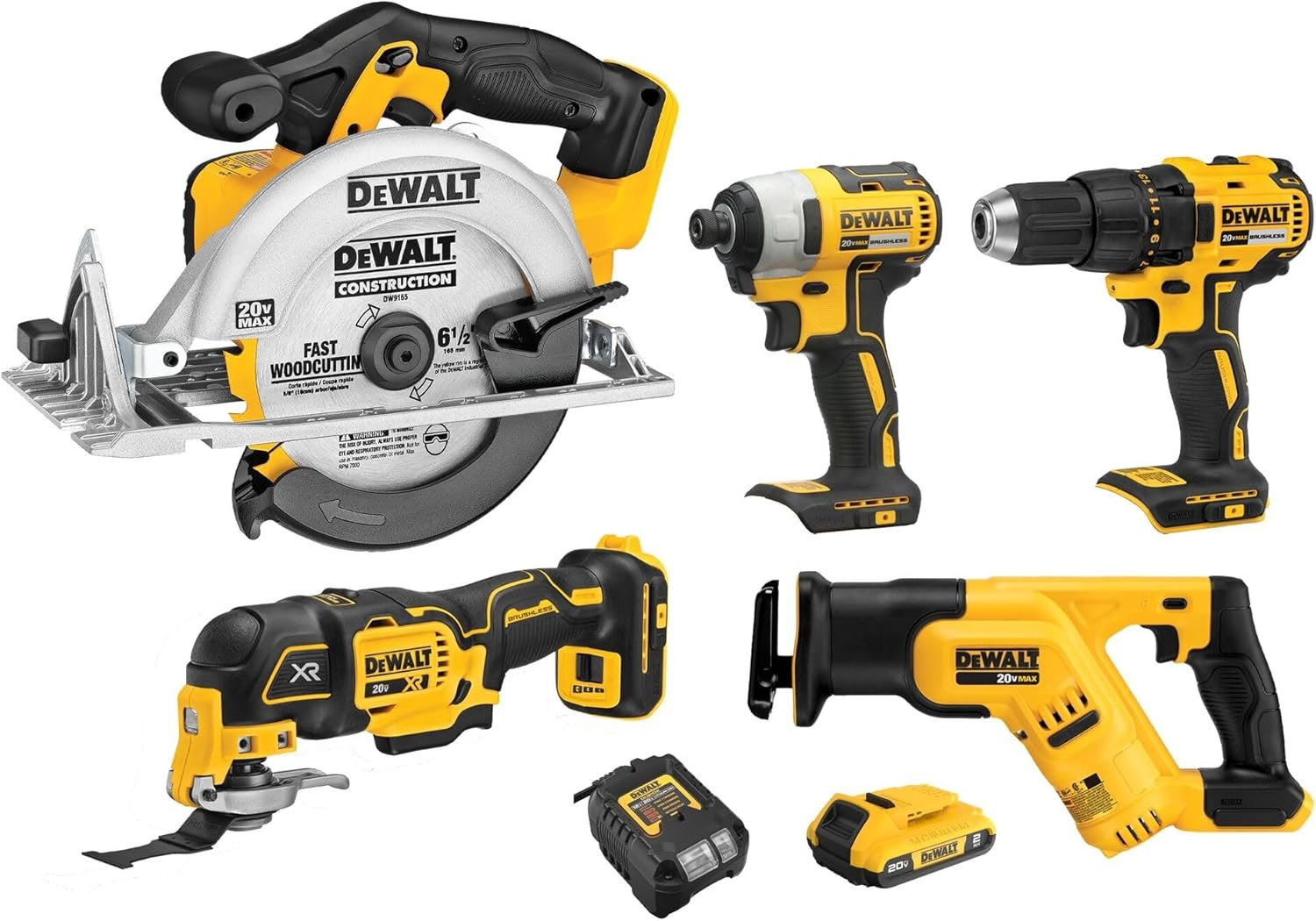 DEWALT 20V MAX 5-Tool Power Tools Combo Kit, Includes 1/2 Cordless Drill,1/4 Impact Driver, Reciprocating Saw, Circular Saw, Oscillating Tool, 5Ah Battery and Charger (DCK540D1)