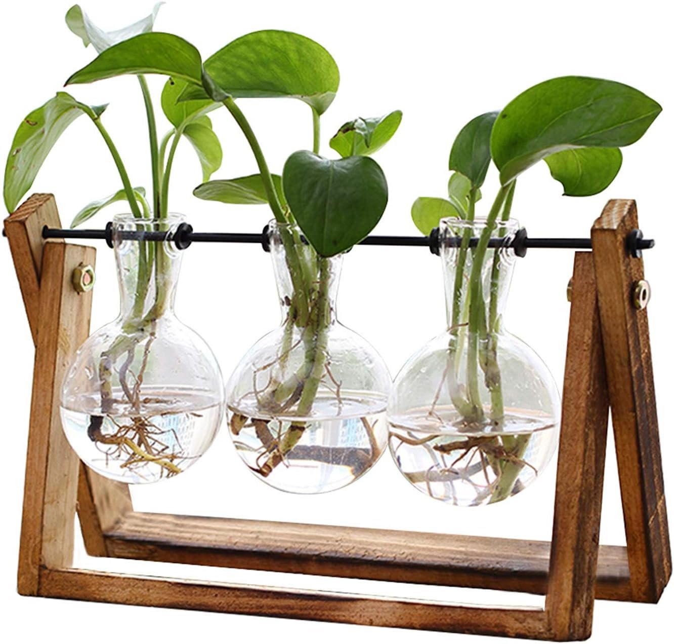 XXXFLOWER Plant Terrarium with Wooden Stand, Air Planter Bulb Glass Vase Metal Swivel Holder Retro Tabletop for Hydroponics Home Garden Office Decoration – 3 Bulb Vase | Air Planter Flower Glass Vase Retro for Hydroponics Cutting Home Garden Office Decoration Mom Grandma Women Gardening Gifts