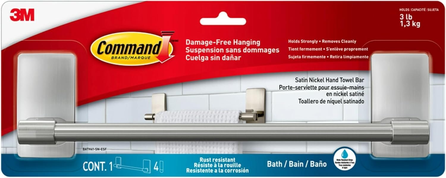 Command Hand Towel Bar Satin Nickel with 4 Water Resistant Command Strips, 9″ Hand Towel Holder, Holds up to 3 lb, Great for Bathroom Décor on the Wall, Inside the Cabinet, or in the Shower