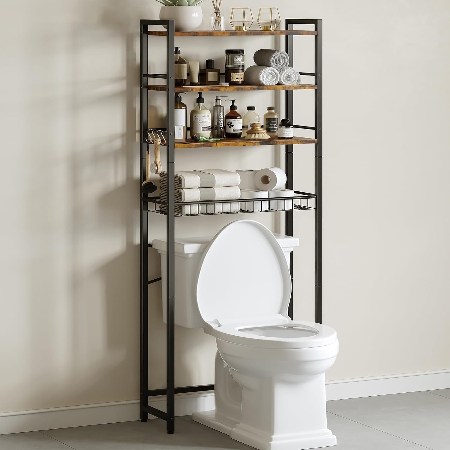 Over The Toilet Storage Shelf, 4-Tier Bathroom Organizer with Basket & Hooks, Sturdy Space Saver for Small Bathrooms, Rustic Brown & Black