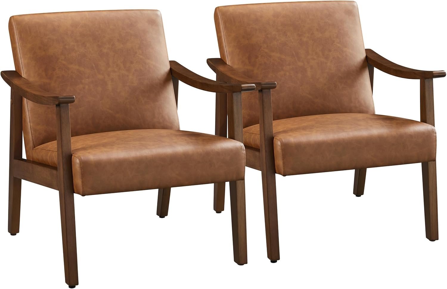 Yaheetech Accent Chairs Set of 2, Mid-Century Faux Leather Armchairs, Brown | Cushioned Club Chairs with Supportive Sloped Backrests and Sturdy Wood Arms Fit Small Living Rooms, Offices, Reading Nook