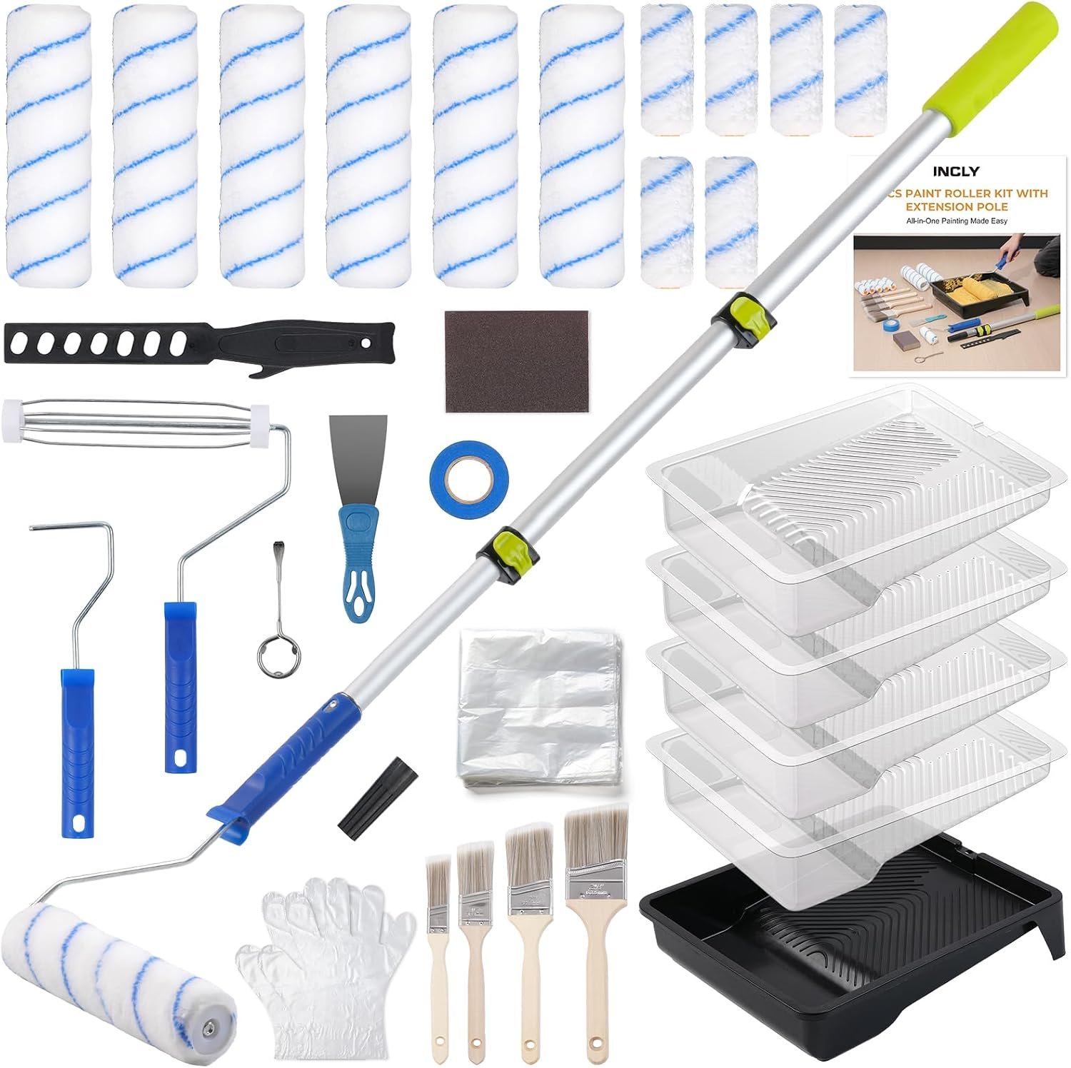 INCLY 34PCS Paint Roller Kit with Extension Pole, 2 to 4 Ft Pole | 4″ 9″ Paint Rollers, 11” Tray, Paint Brushes Set, Drop Cloth, Painting Supplies for Home Interior, House Painting, Walls