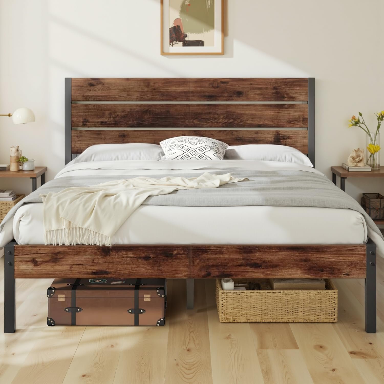 Fluest Queen Bed with Headboard and Footboard, with Under Bed Storage, All-Metal Support System, No Box Spring Needed, Easy Assembly,Retro Brown
