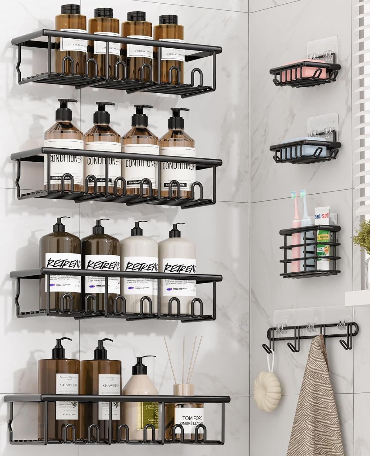 8 Pack Adhesive Large Capacity No-Drilling Shower Caddy, Black | Rustproof Shower Shelves Rack with Soap Dishes, Toothbrush Holder & Hooks for Bathroom Organizers & Storage Accessories