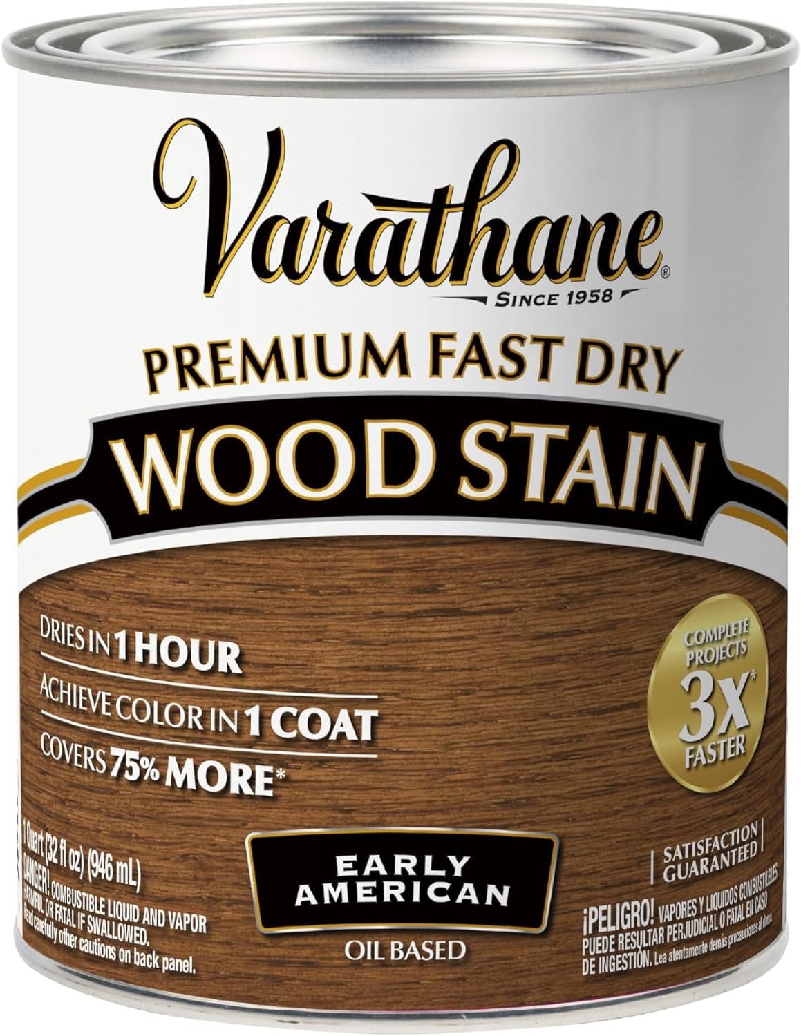 Varathane Premium Fast Dry Early American Wood Stain | Oil-Based, 1 Coat Color, 1 Hour Dry Time, Interior Wood Stain, Furniture, Cabinets, Doors, Covers Up to 275 Sq Ft, Quart
