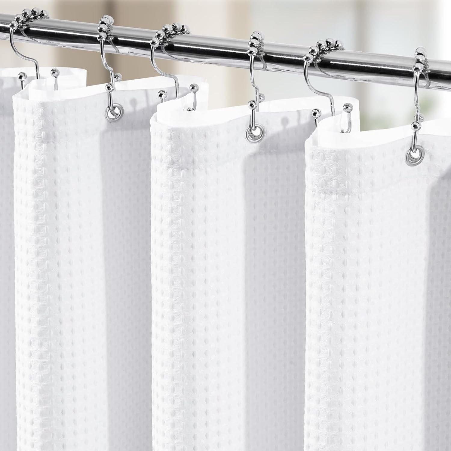 Vipfree 3 in 1 Shower Curtain Set, Waffle Shower Curtain and Liner Set with 12 Double Sided Shower Curtain Hooks, 258GSM Luxury Weighted Cloth Shower Curtains for Bathroom, 72 W x 72 H, White