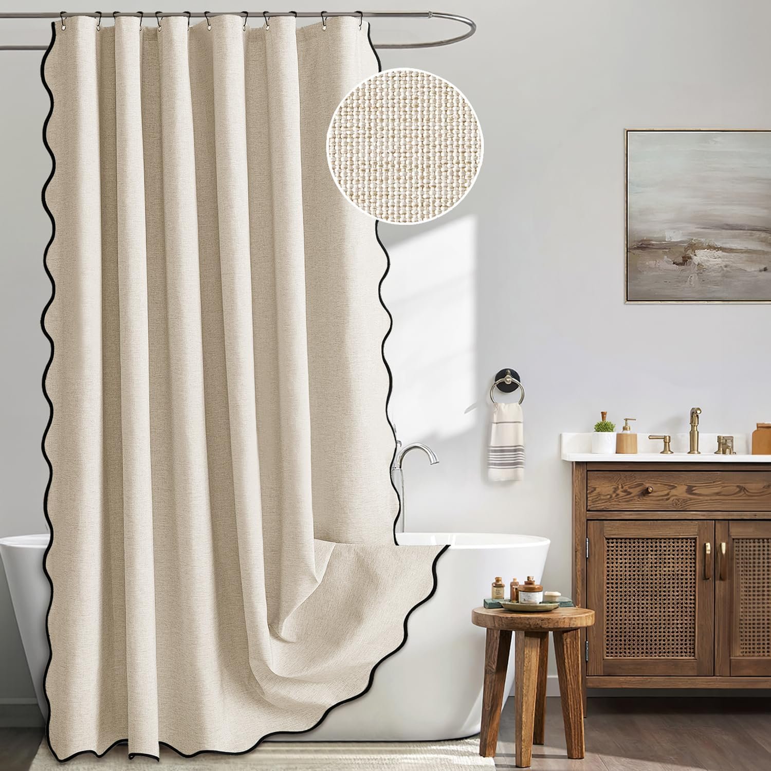 MIULEE Beige Scalloped Shower Curtain Linen Textured with 12 Metal Hooks Cute Heavy Duty Washable Waterproof Neutral Thick Cloth Shower Curtains with Black Border for Bathroom Bathtub,W72*L72 Cream | Linen Textured, Waterproof, Washable, 12 Metal Hooks, Heavy Duty Cloth, Black Border, Shower Curtain for Bathroom Bathtub