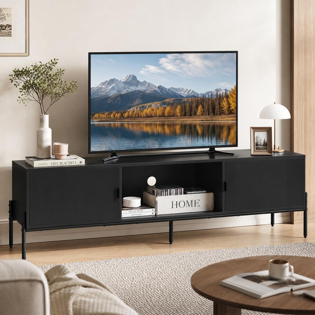 WLIVE 58″ TV Stand for 65 Inch TVs, Mid Century Modern Entertainment Center with 2 Storage Cabinets & Open Shelf, Media Console Table with Metal Legs for Living Room, Bedroom, Black