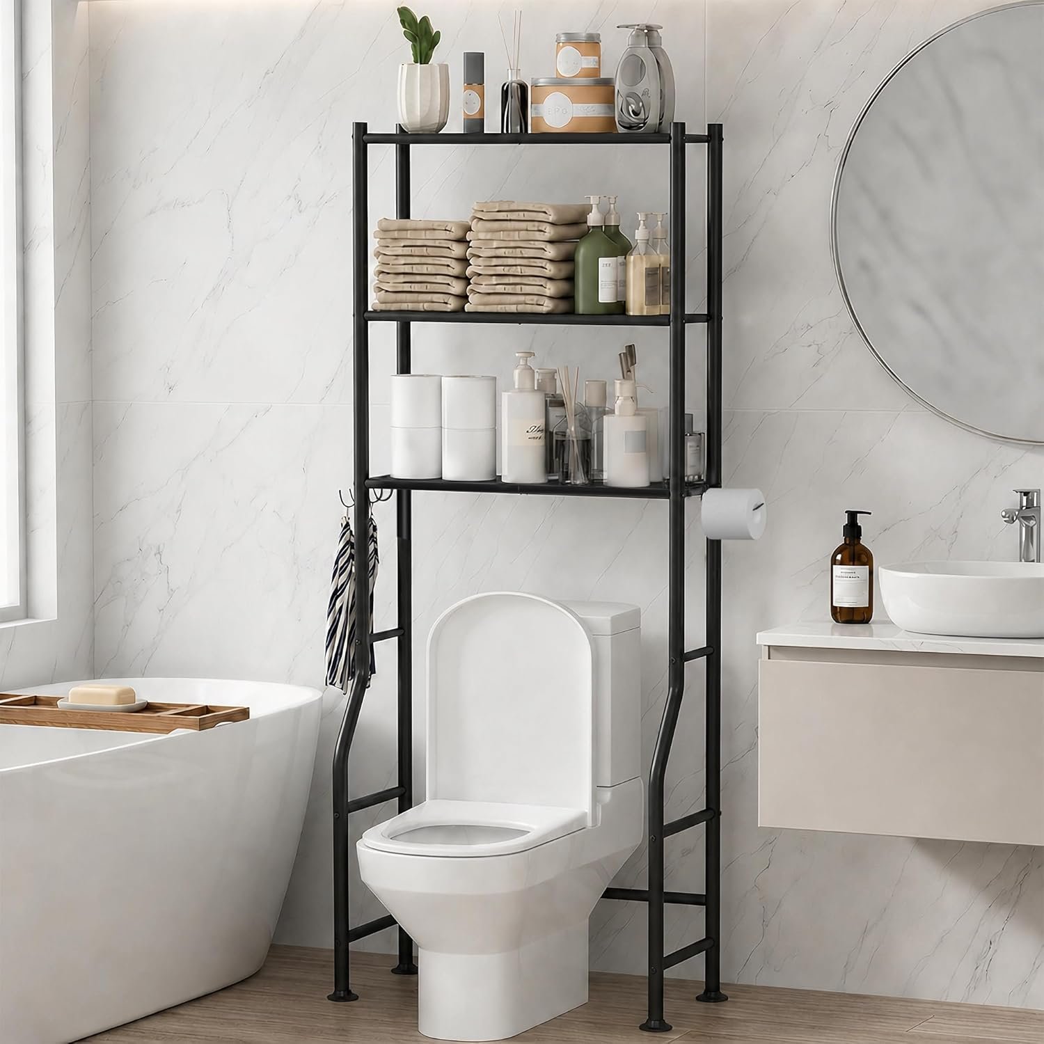 GloTika 3-Tier Over Toilet Storage, Anti-Tilt, 64″ H, Black | Anti-Tilt Safety System, 150lb Capacity, Carbon Steel, Freestanding, No Drilling, Anti-Rust Coating, Paper Holder & 4 Hooks