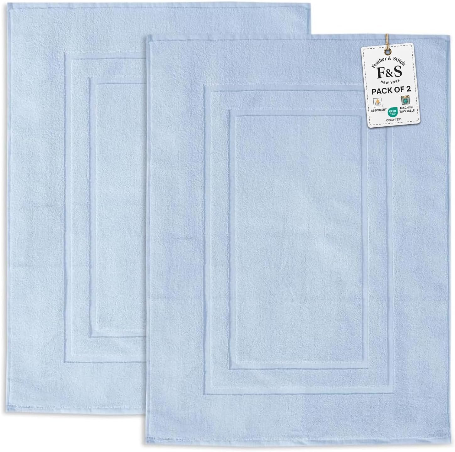 Feather & Stitch 2 Piece Towel Like Bath Mats (30×21 Inch) 100% Cotton Terry Bath Mats, Bathroom Shower Floor Mats [NOT A Bathroom Rug], Soft Absorbent Washable Mats – Sky Blue