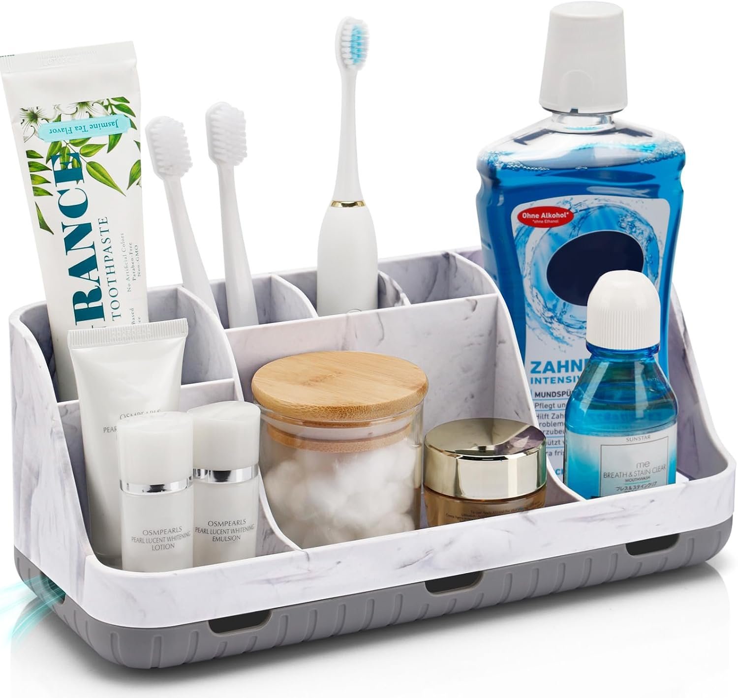 GFWARE Marble Bathroom Countertop Organizer – Detachable 7 Slots Kids Electric Toothbrush and Toothpaste Holde Drainage for Bathroom Accessories Organization Counter Vanity Storage, Grey | Detachable 7 Slots Kid Electric Toothbrush and Toothpaste Holder, Bathroom Sink, Accessories Storage Caddy Marble-Look, Grey