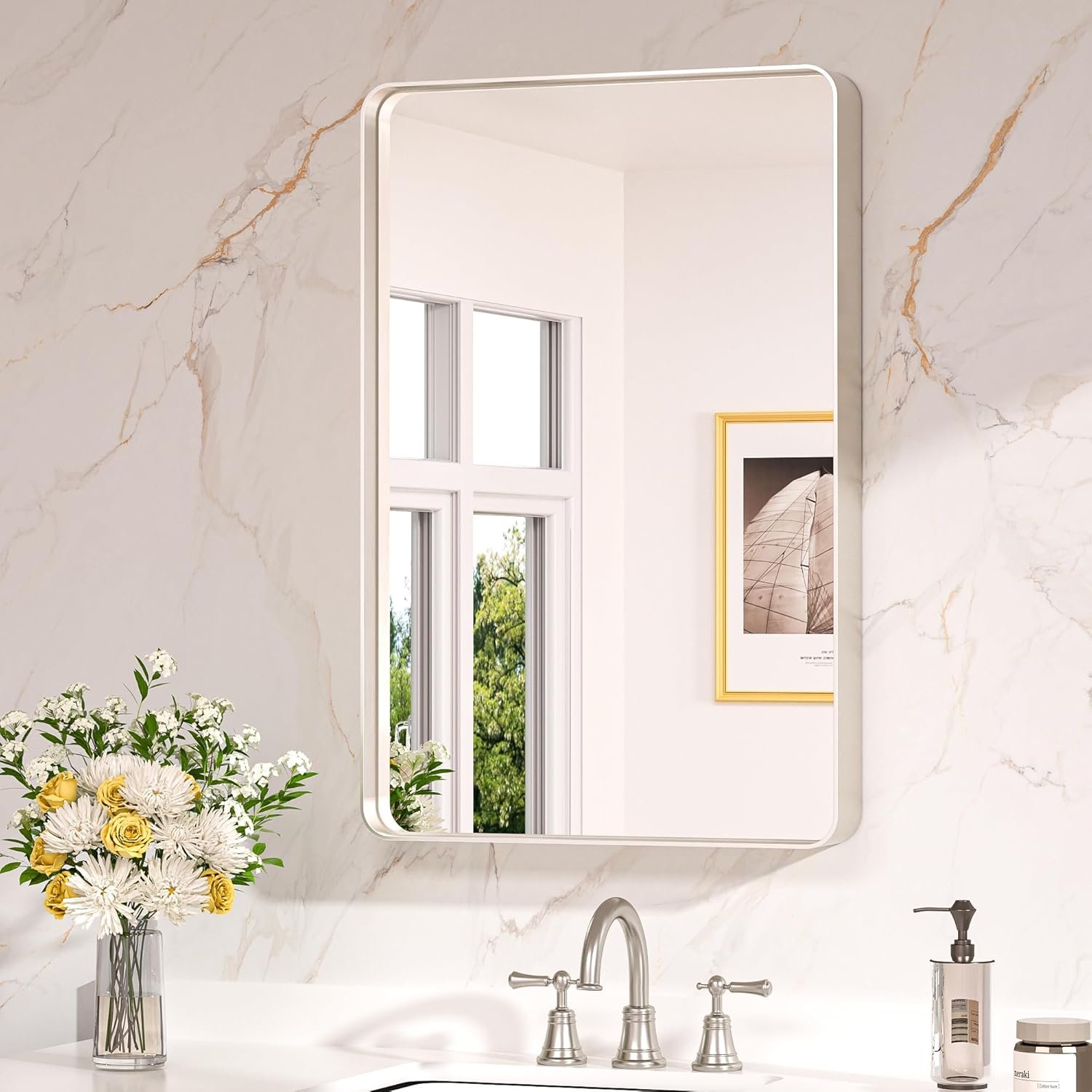 Keonjinn 20 x 30 Inch Brushed Nickel Bathroom Mirrors for Over Sink | HD Tempered Glass, Silver Vanity Mirror, Rust-Resistant Aluminum Frame, Rounded Rectangle, French Cleat Mount, Home Décor