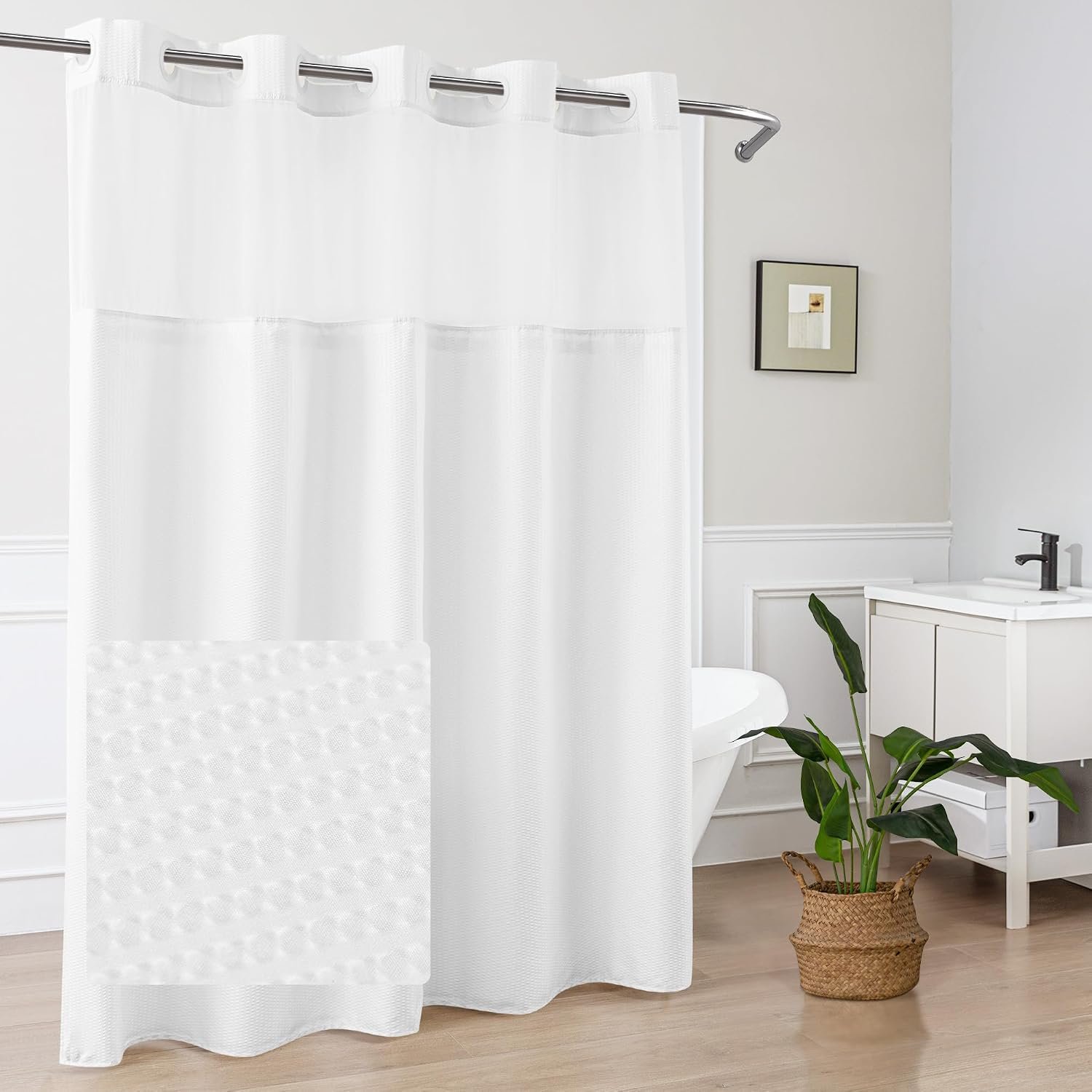 No Hook Shower Curtain with Snap-in Fabric Liner 71×74, White | Embossed Waffle-Look Textured, Sheer Window Hotel Style, Soft & Washable White Fabric Shower Curtain for Bathroom