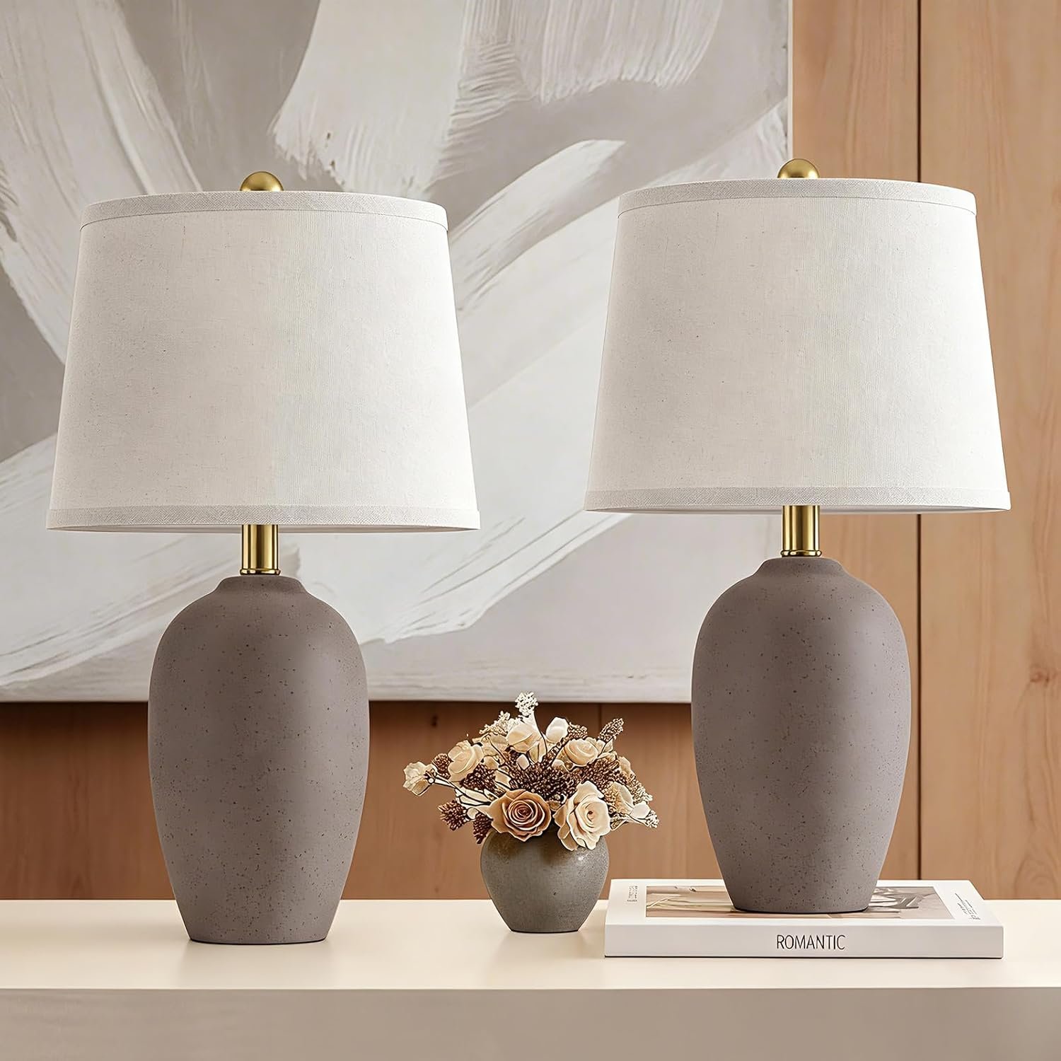 AIEAMPDO 21” Set of 2 Farmhouse Ceramic Small Table Lamps for Living Room Bedroom, Nightstand Rustic Brown Desk Lamp for Bedside End Table Entryway, 2 LED Bulbs Included