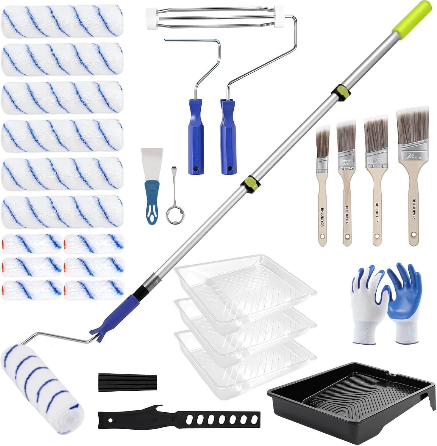 Paint Roller Kit with 2 to 4 FT Extension Pole for House Painting – Completed Home Painting Set with 9″ & 4″ Paint Roller Covers, Tray, Paint Brushes and Accessories