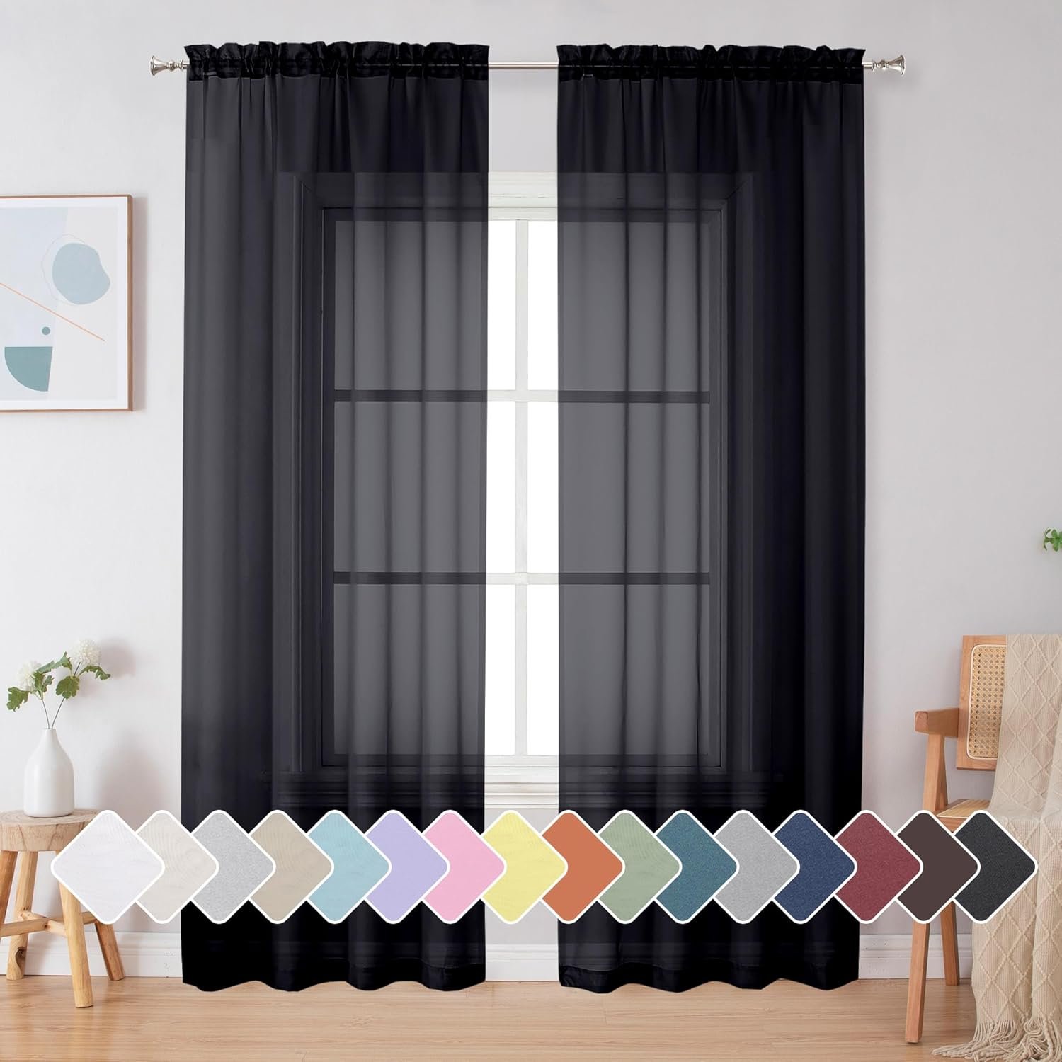 Simplebrand Black Sheer Curtains 84 Inches Long, Light Filtering Rod Pocket Solid Color Window Sheer Curtain Panels, Elegant Curtains & Drapes for Living Room, Bedroom 2 Panels (Black, 42″ W x 84″ L)