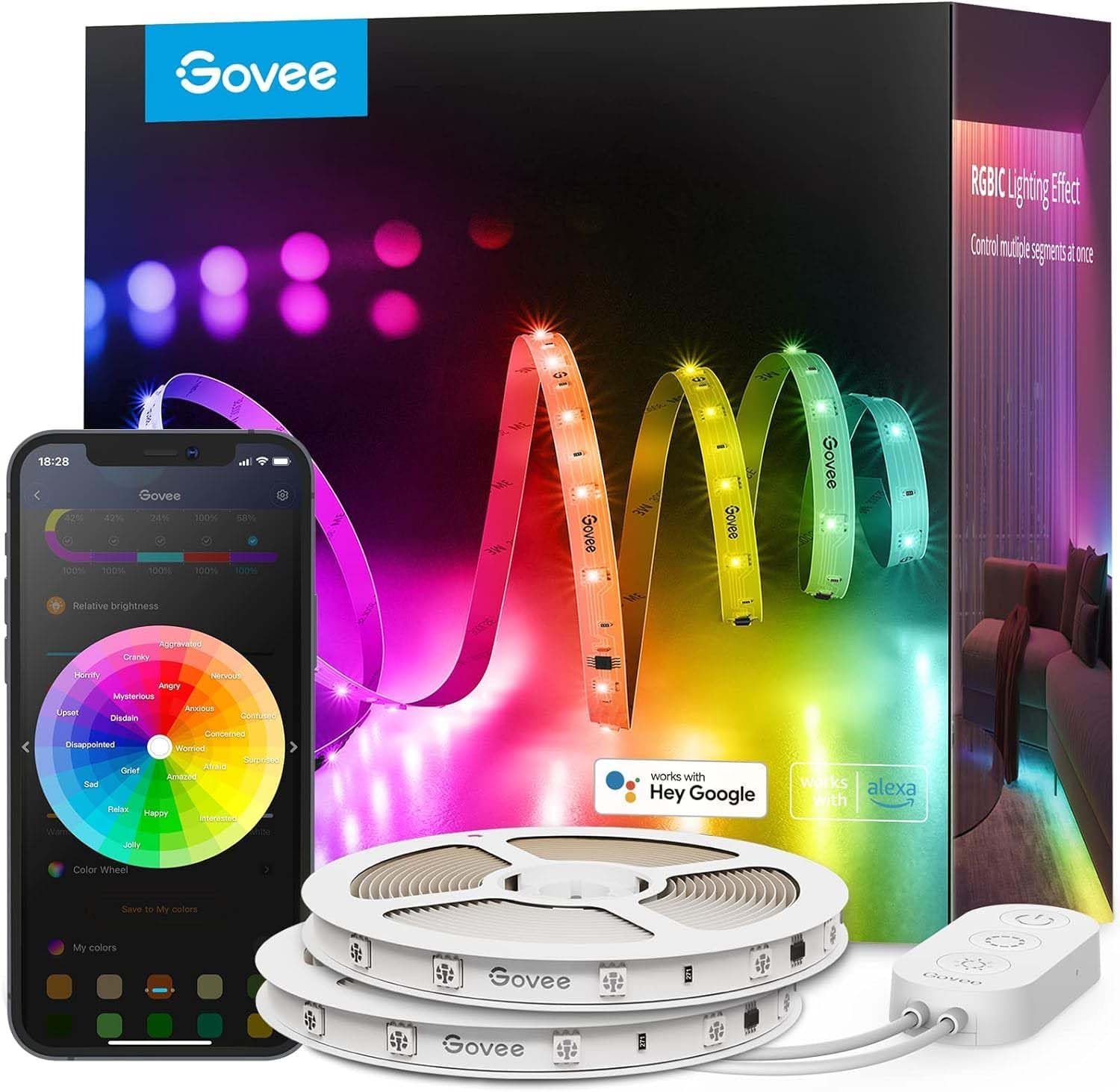 Govee 100ft RGBIC LED Strip Lights, Work with Alexa and Google Assistant | LED Lights for Bedroom, WiFi App Control Segmented DIY Multiple Colors, Color Changing Light for Home Decor