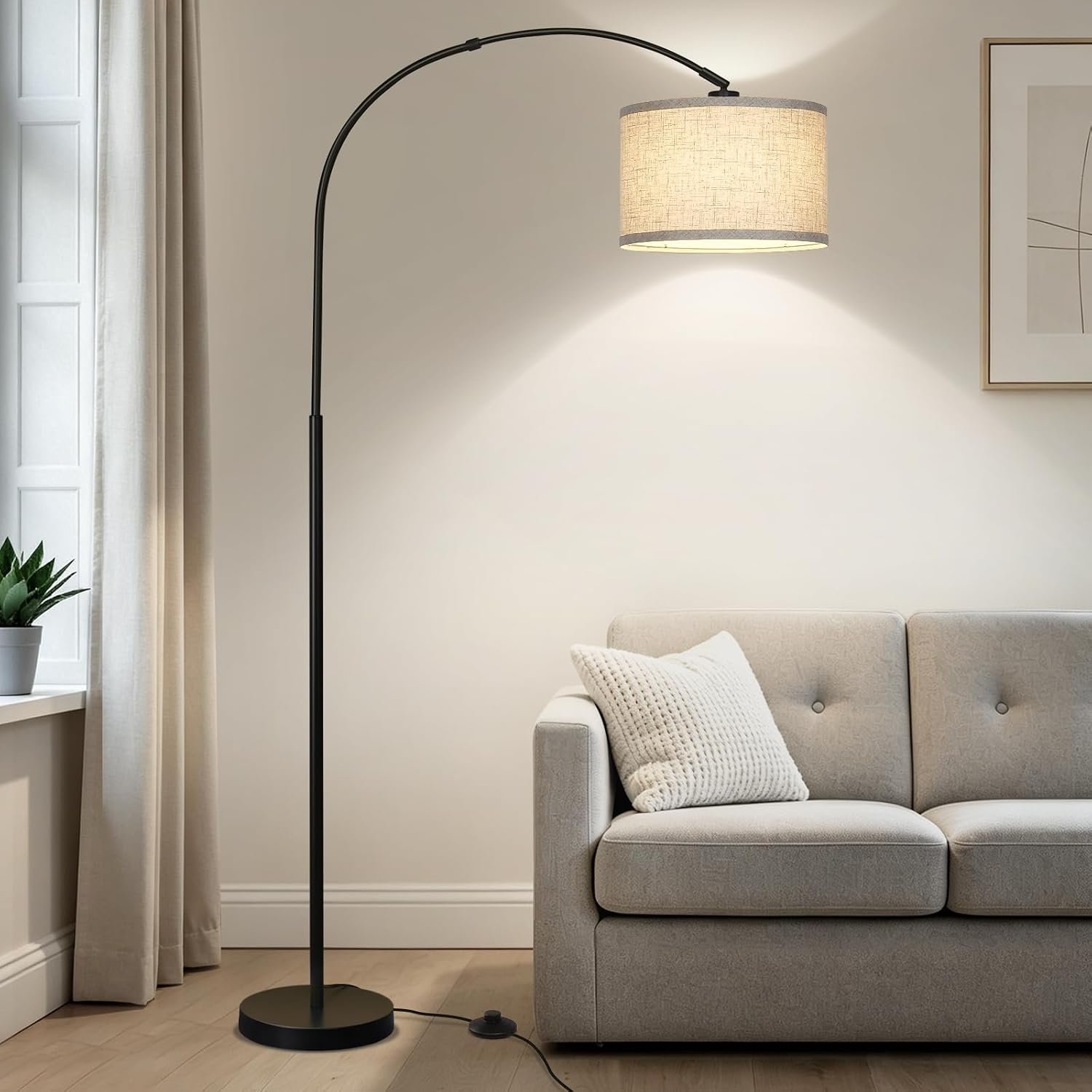 Arc Floor Lamps for Living Room, Modern Standing Lamp with Adjustable Hanging Drum Shade, Tall Pole Lamp with Foot Switch, Over Couch Arched Reading Light for Bedroom, Office (Black)