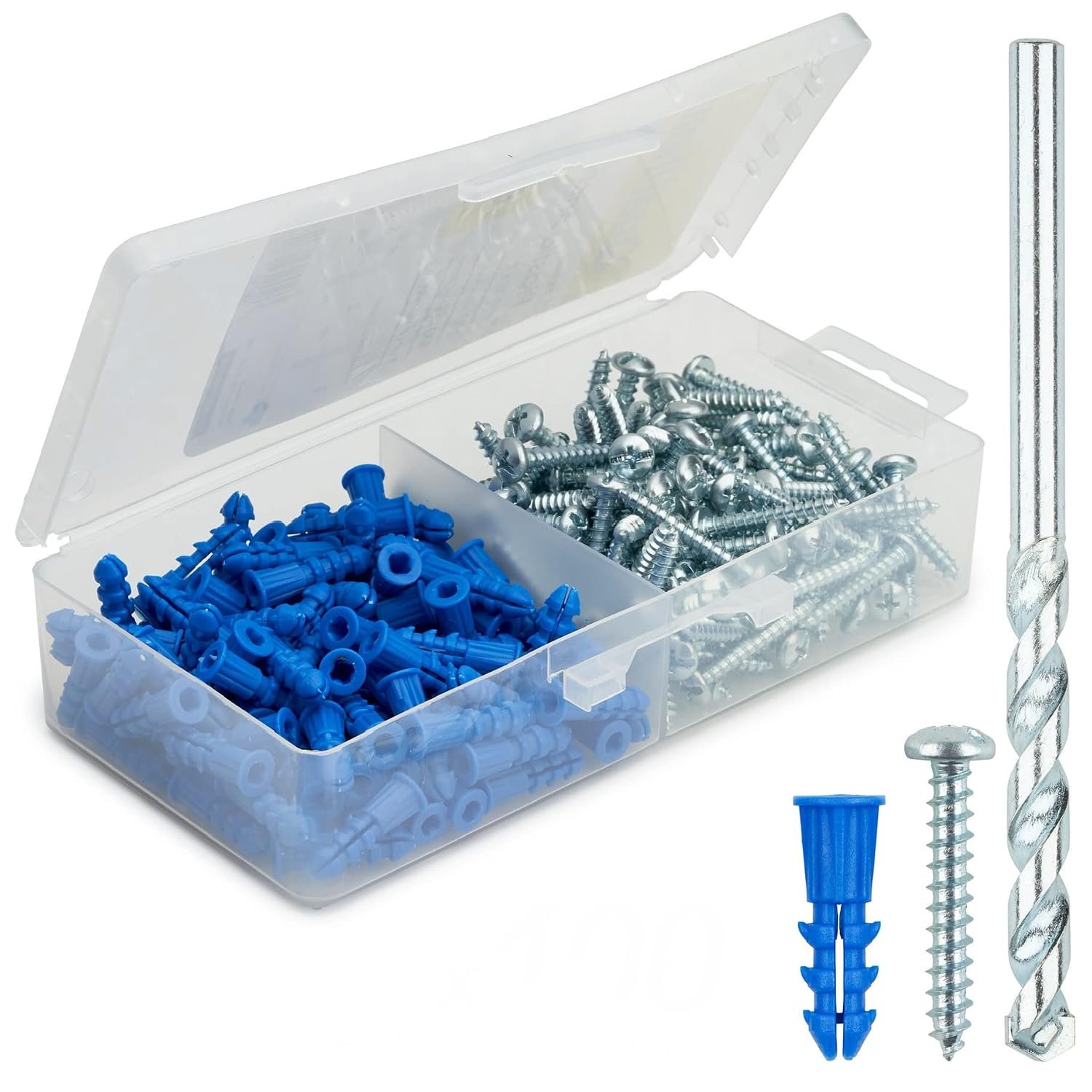 Qualihome Drywall Anchors and Screws Kit with Drill Bit – 100 Anchors & 100 Screws for Drywall, Plastic Wall Anchors for Picture Frames, Shelves, Mirrors, Ribbed Design (10-12 x 1)