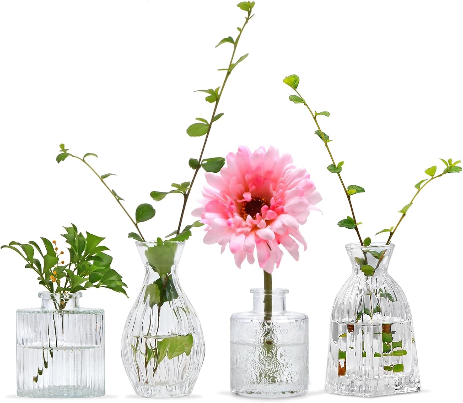Glass Bud Vases Set of 4, Small Flower Vases for Wedding Centerpiece | Clear Vintage Embossed Mini Vases for Table Decorations, Flower Arrangements in Vases for Party or Home Decor