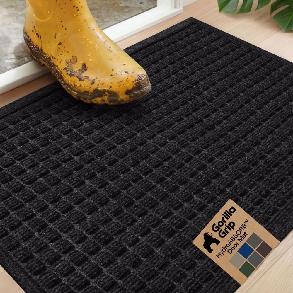 GORILLA GRIP® Ultra Absorbent Front Door Mat Outside Entrance, Traps Dirt and Moisture, HydroABSORB Indoor Outdoor Doormat Holds Up to 1.7 Cups Water, Stain and Fade Resistant Welcome Mat, 29×17 Black