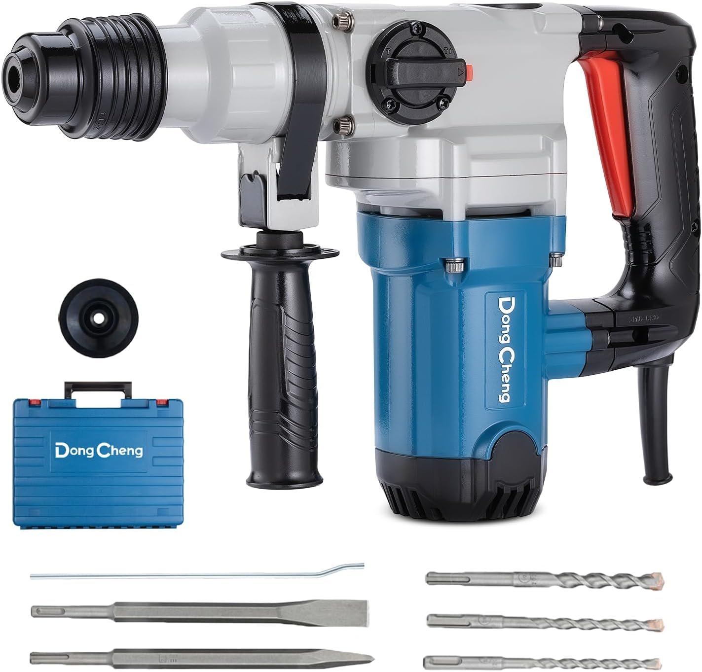 DongCheng 1-1/8 Inch SDS-Plus Rotary Hammer with 9.2A Motor, 3.6J Impact Energy, 5,000 BPM for Concrete & Demolition, Includes 3 Drill Bits, 2 Chisels, Case (Safety Clutch, 110V)