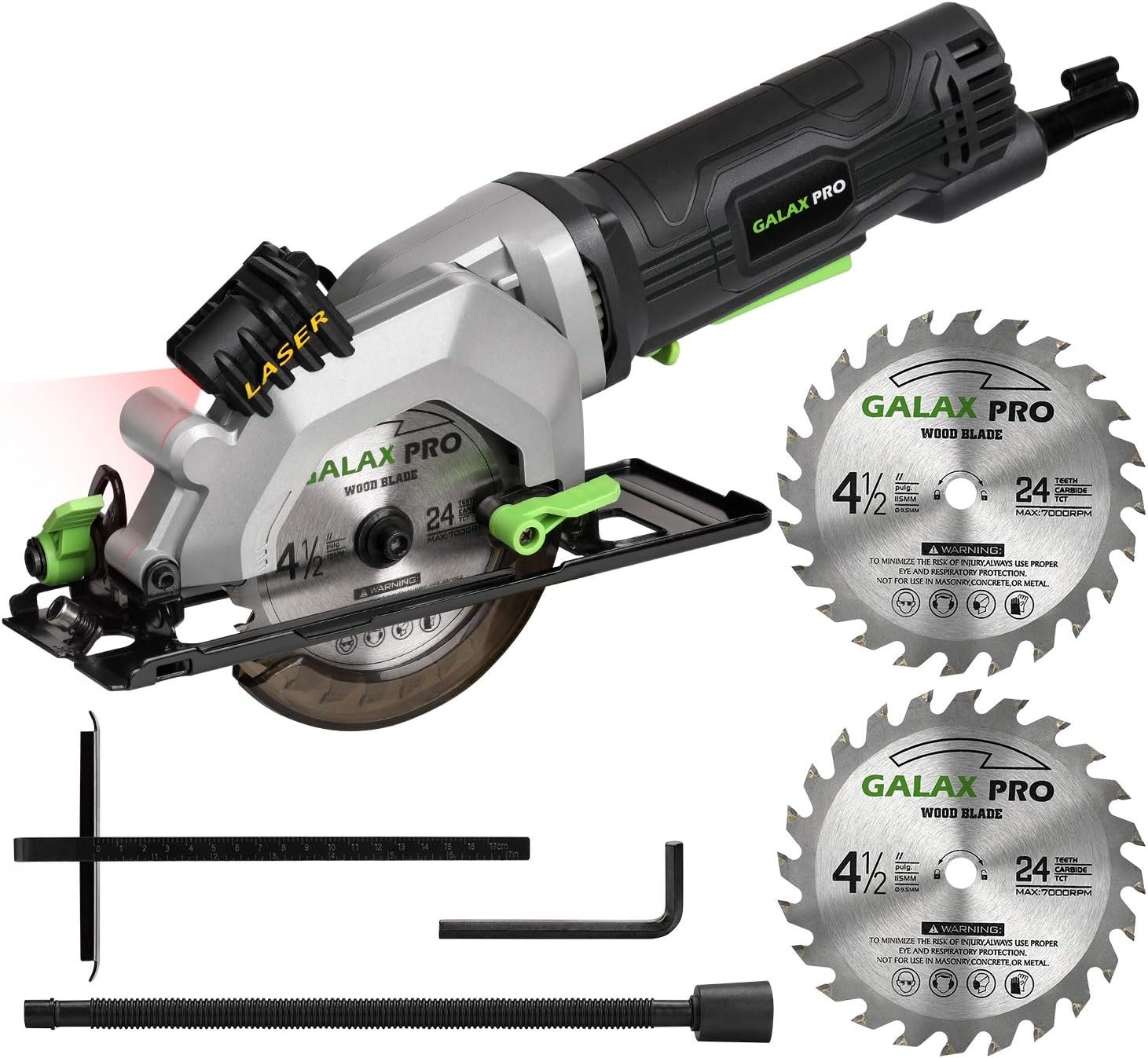 GALAX PRO 4Amp 3500RPM Circular Saw with Laser Guide | Max Cutting Depth1-11/16″(90°), 1-1/8″(45°）Compact Saw with 4-1/2″ 24T TCT Blade, Vacuum Adapter, Blade Wrench, and Rip Guide