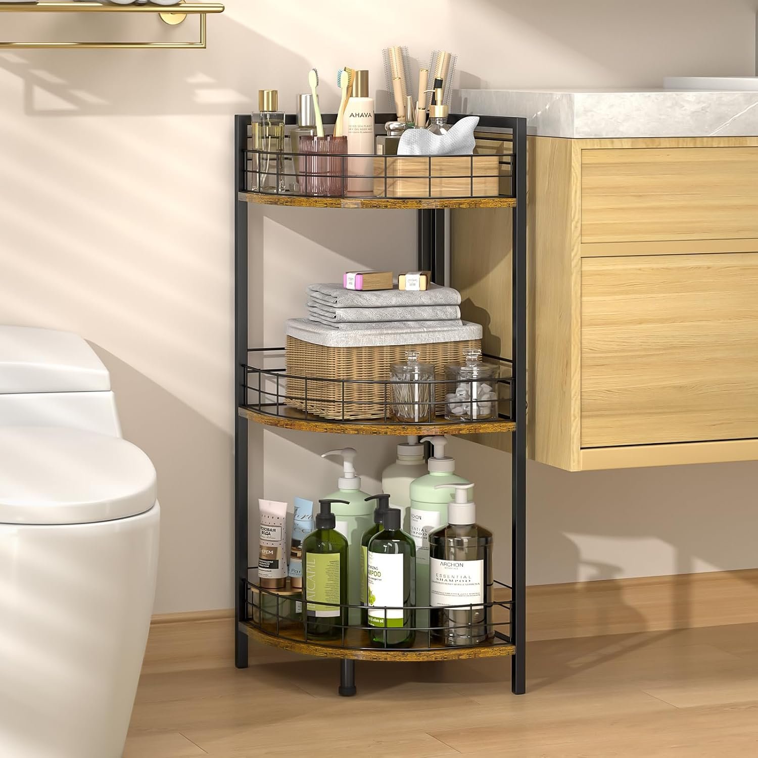 DAOUTIME Bathroom Standing Shelf, 3 Tier Corner Stand, Free-Standing Shelf Units, Triangular Curved Corner Shelf Stand for Small Space, Ideal for Bathroom,Kitchen,Vanity Storage and Organizer